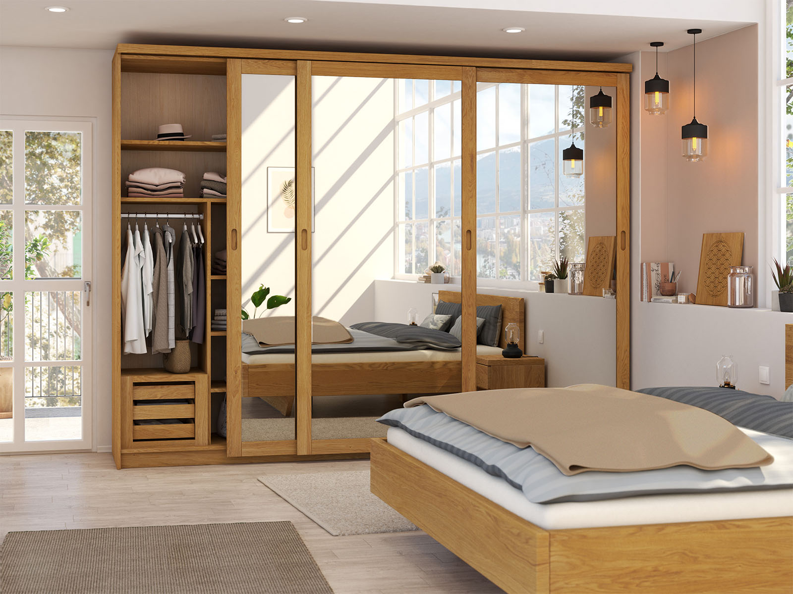 Schlafzimmer mit Schiebetürenschrank „Alpenrose" aus Eiche, 3-türig breit, Höhe 233 cm