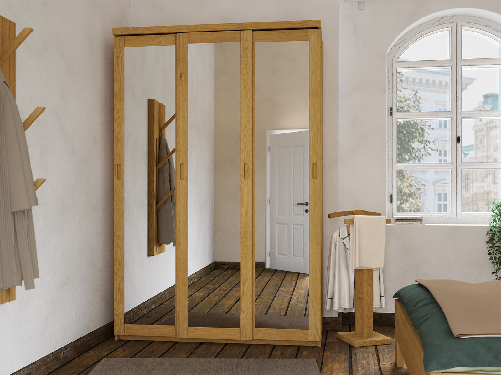 Schlafzimmer mit Schrank „Alpenrose" aus Eiche, 3-türig schmal, Höhe 208 cm