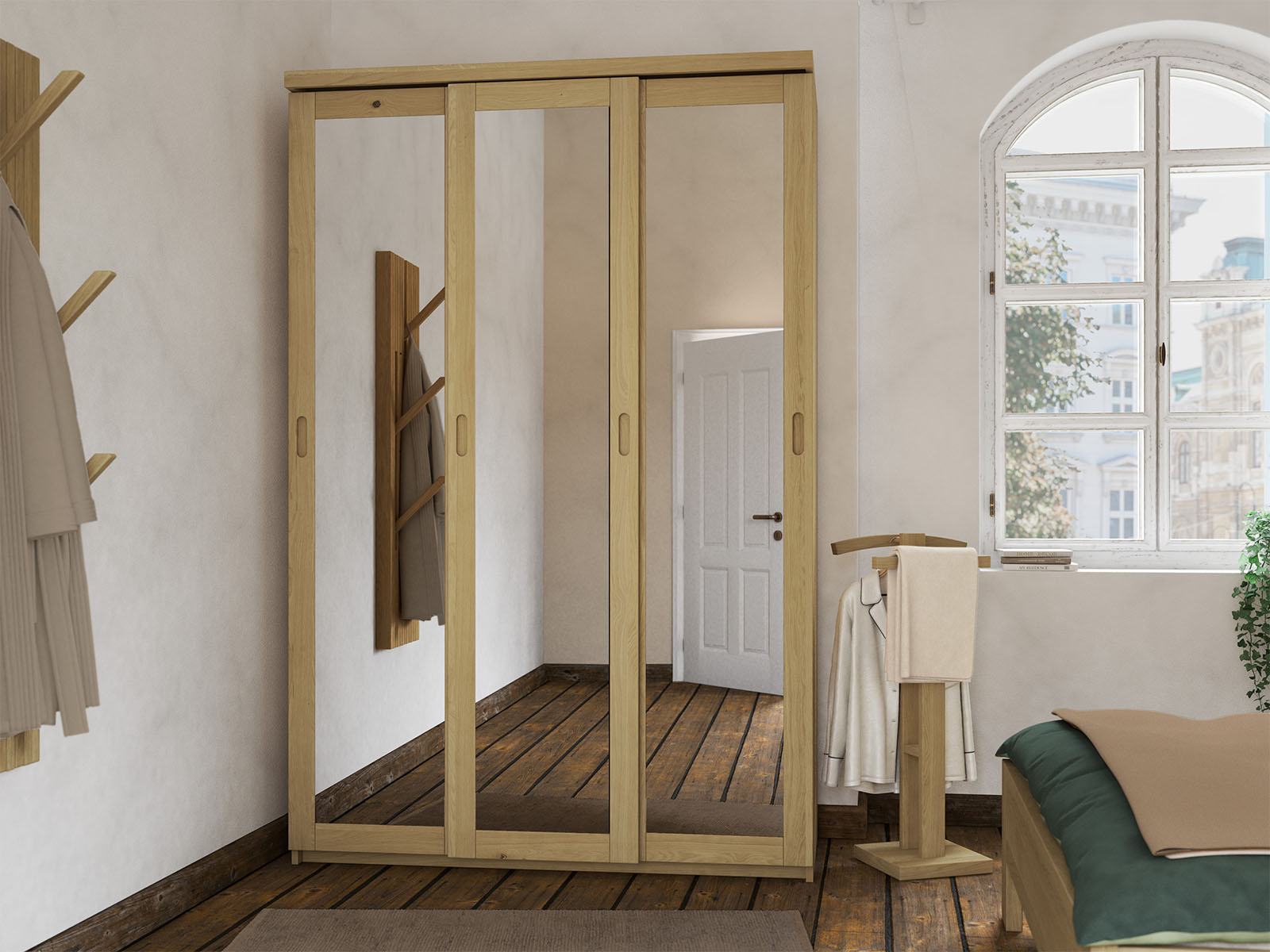 Schlafzimmer mit Schrank „Alpenrose" aus Eiche Hell, 3-türig schmal, Höhe 208 cm