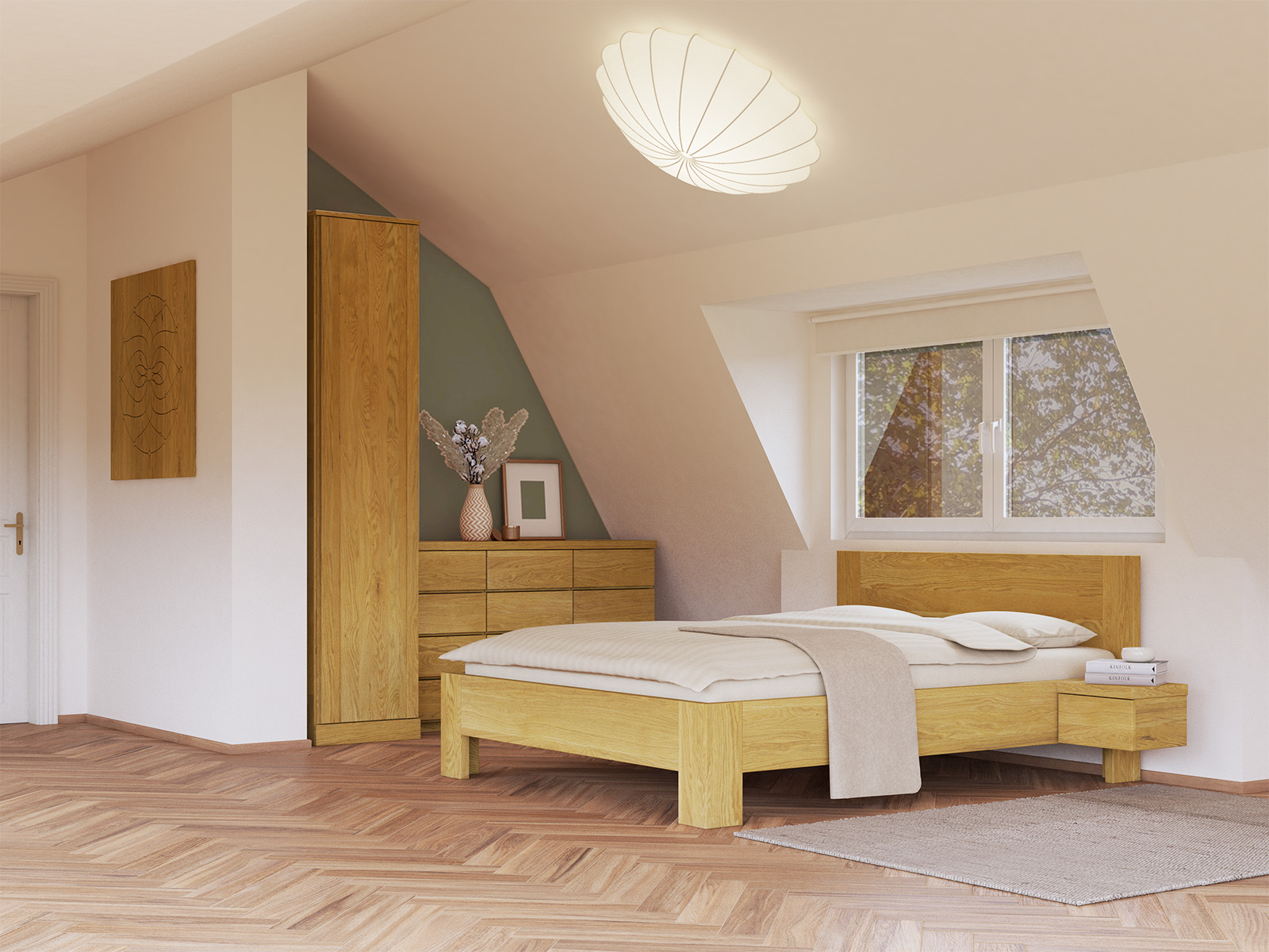 Schlafzimmer mit Eichenschrank „Arnika“, 1-türig, Höhe 235 cm, Griffausführung „Patrizia“