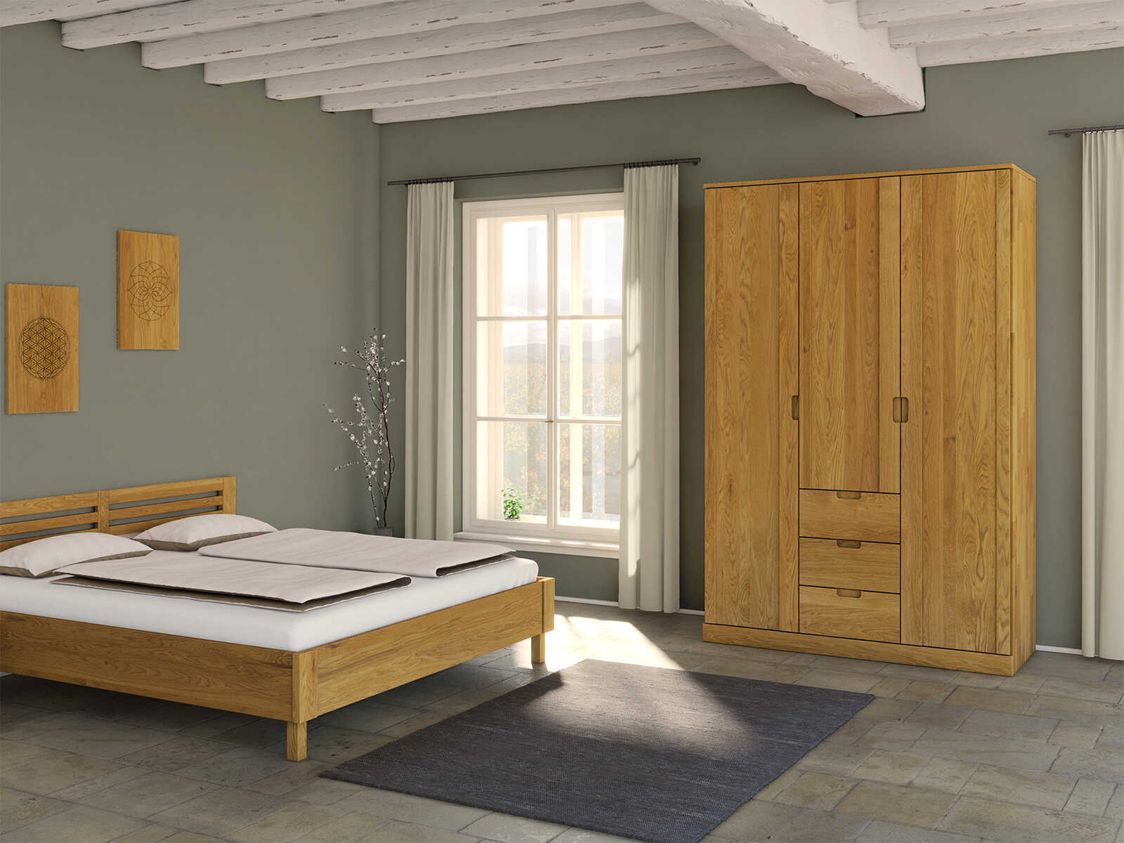 Schlafzimmer mit Eichenschrank „Arnika“, 3-türig, Höhe 235 cm, Griffausführung „Lukas“