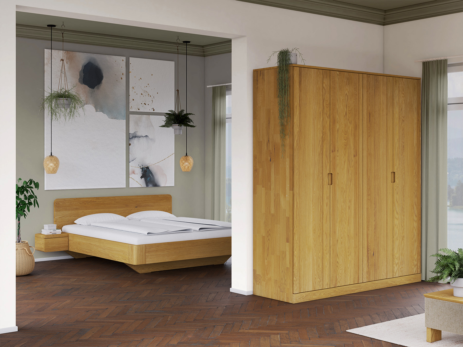 Schlafzimmer mit Eichenschrank „Arnika“, 4-türig, Höhe 235 cm, Griffausführung „Lukas“