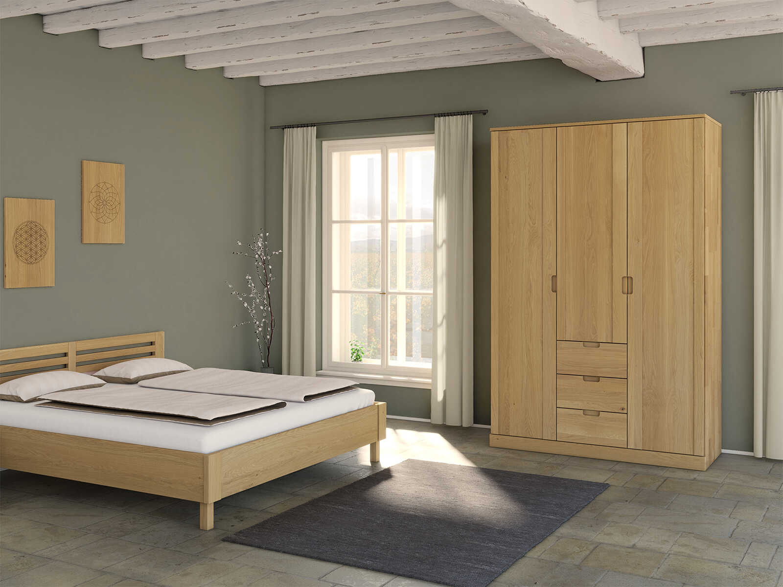 Schlafzimmer mit Schrank „Arnika“ aus Eiche Hell, 3-türig, Höhe 235 cm, Griffausführung „Lukas“