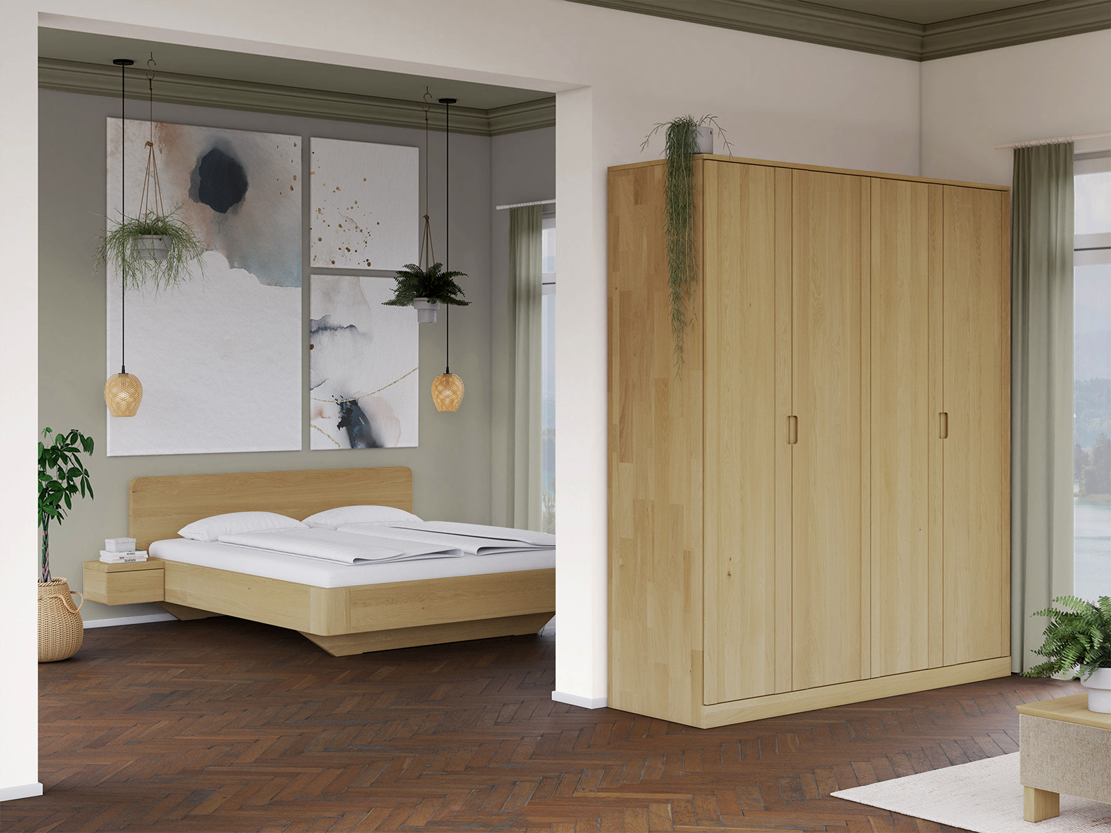Schlafzimmer mit Schrank „Arnika“ aus Eiche Hell, 4-türig, Höhe 235 cm, Griffausführung „Lukas“