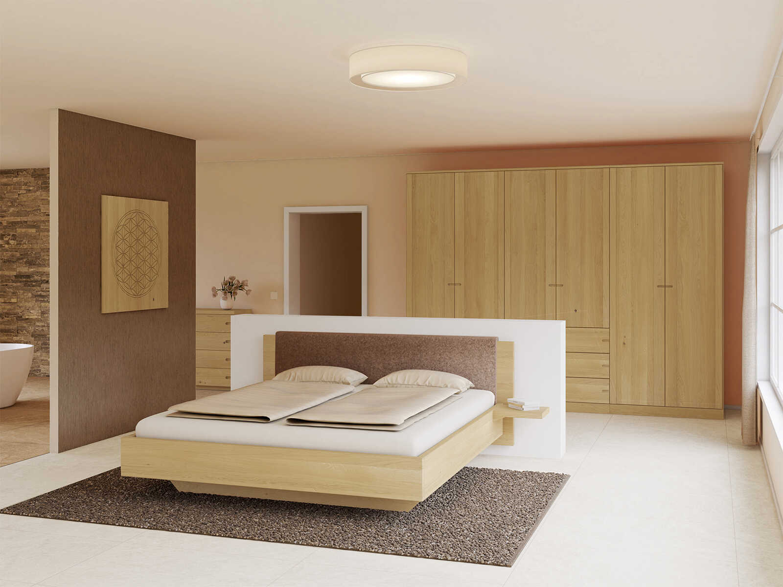 Schlafzimmer mit Schrank „Arnika“ aus Eiche Hell, 6-türig, Höhe 235 cm, Griffausführung „Stefan“