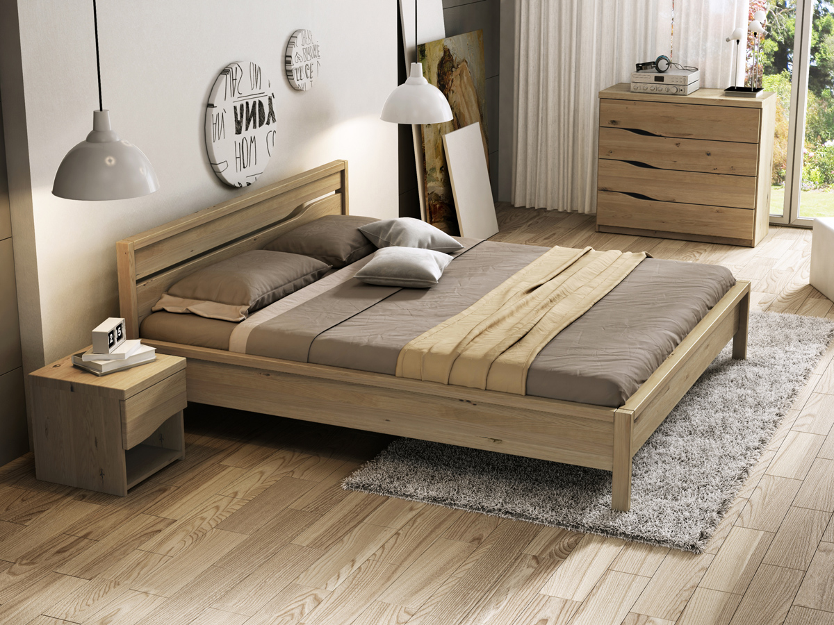 Schlafzimmer mit Nachtkästchen aus Wildeiche „Astrid“
