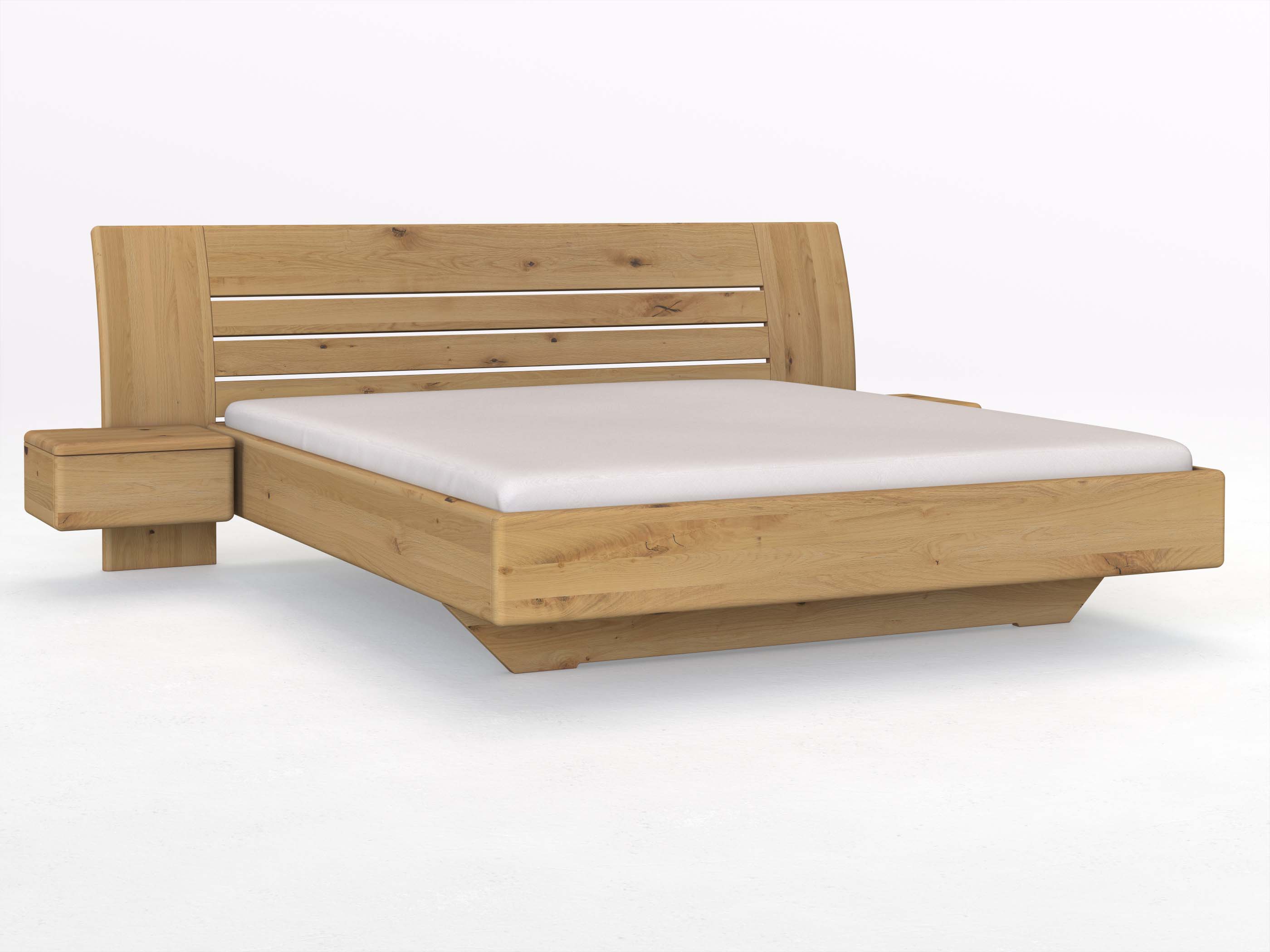 Wildeichenbett Hell „Bea“ in 180 x 200 cm mit zwei Nachttischen (50 cm) Griff: Grifflos