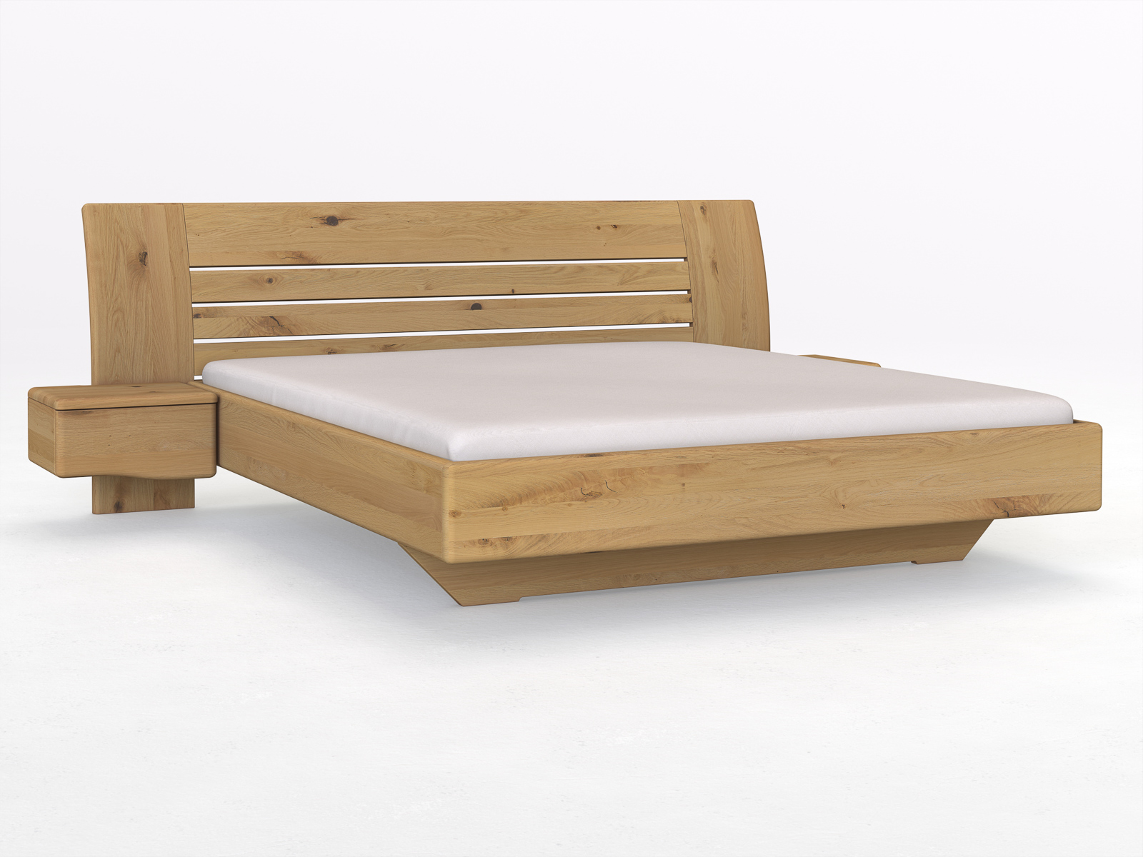 Wildeichenbett Hell „Bea“ in 180 x 200 cm mit zwei Nachttischen (50 cm) Griff: Welle