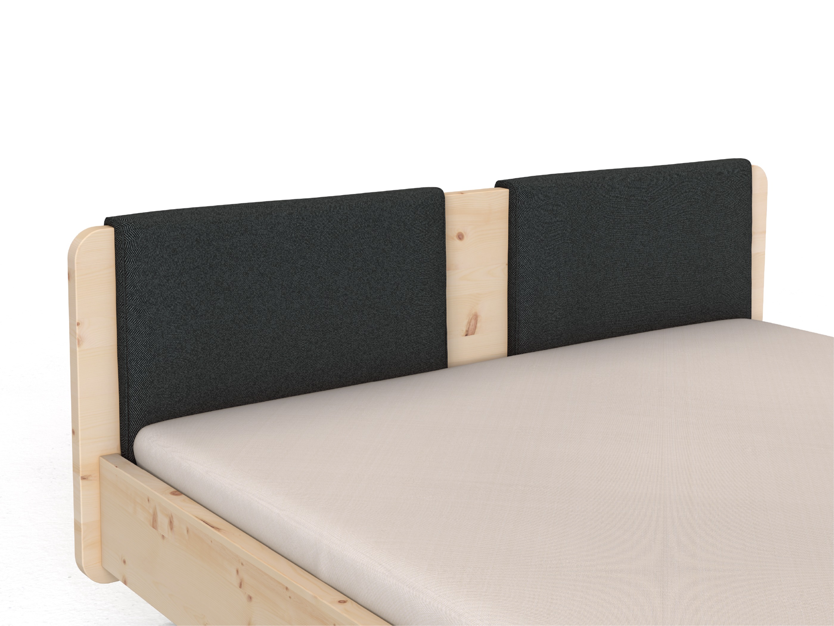 Stoffkopfteil „Charlotte" für ein Bett, Design: gerade zweiteilig - Stoff: Schafschurwolle „Fischgrät“ in der Farbe Wacholderbeere