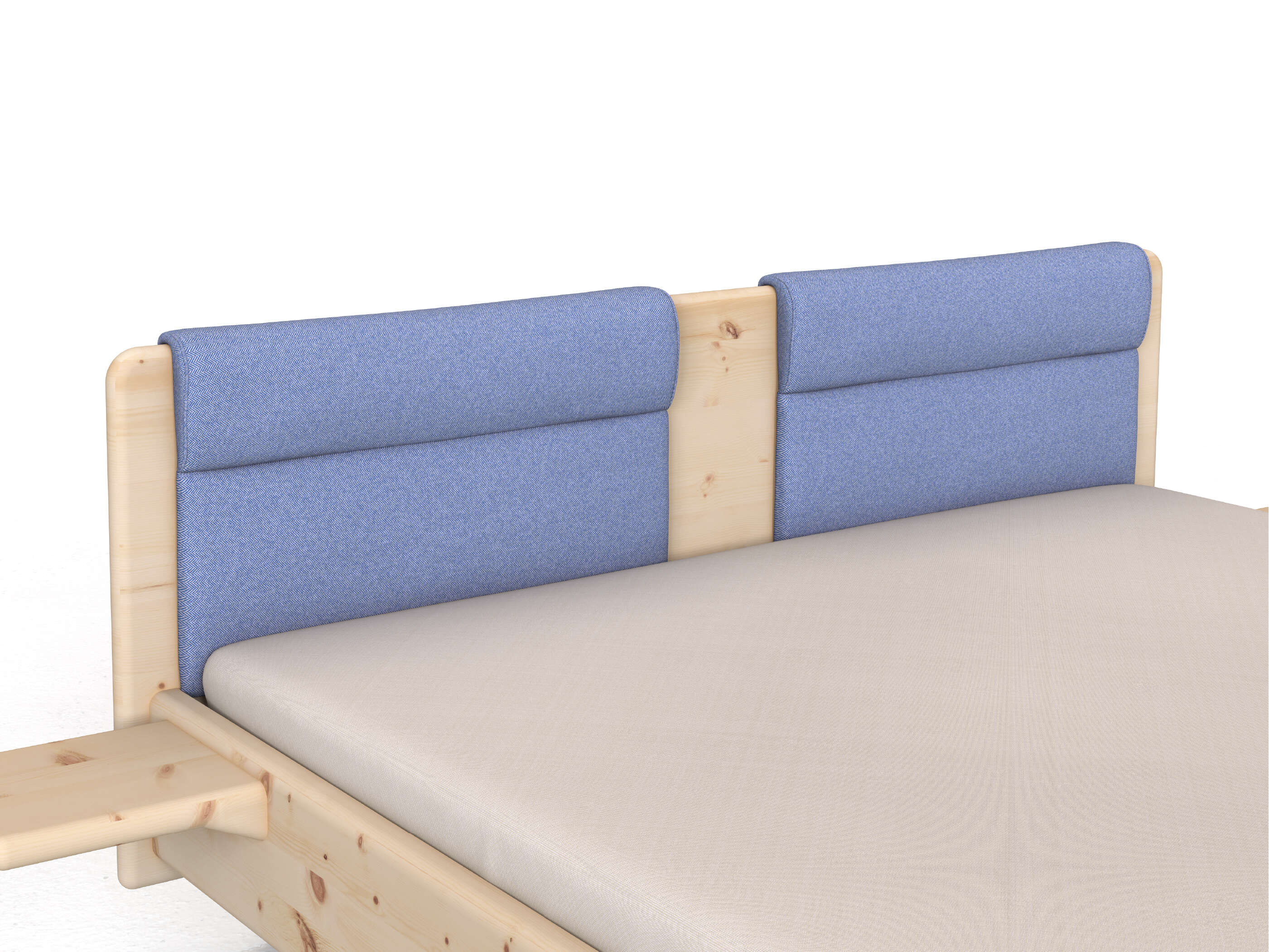 Stoffkopfteil „Charlotte" für ein Bett, Design: rund zweiteilig - Stoff: Schafschurwolle „Fischgrät“ in der Farbe Kornblume