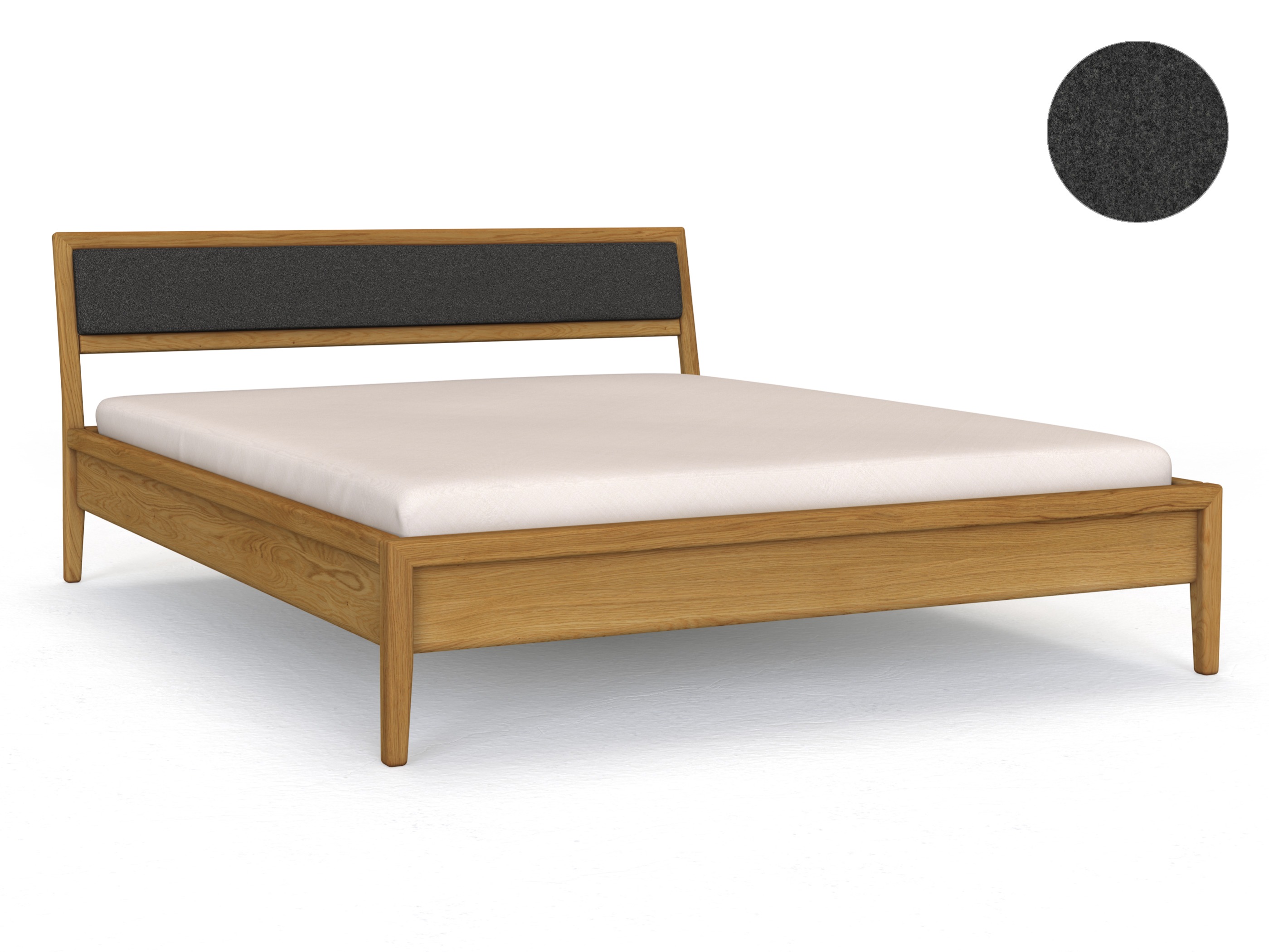 Eichenbett „Konstantin“ in 180 x 200 cm, mit Kopfteil „gerahmt“ - Stoff: Schafschurwolle „Loden“ in der Farbe Anthrazit