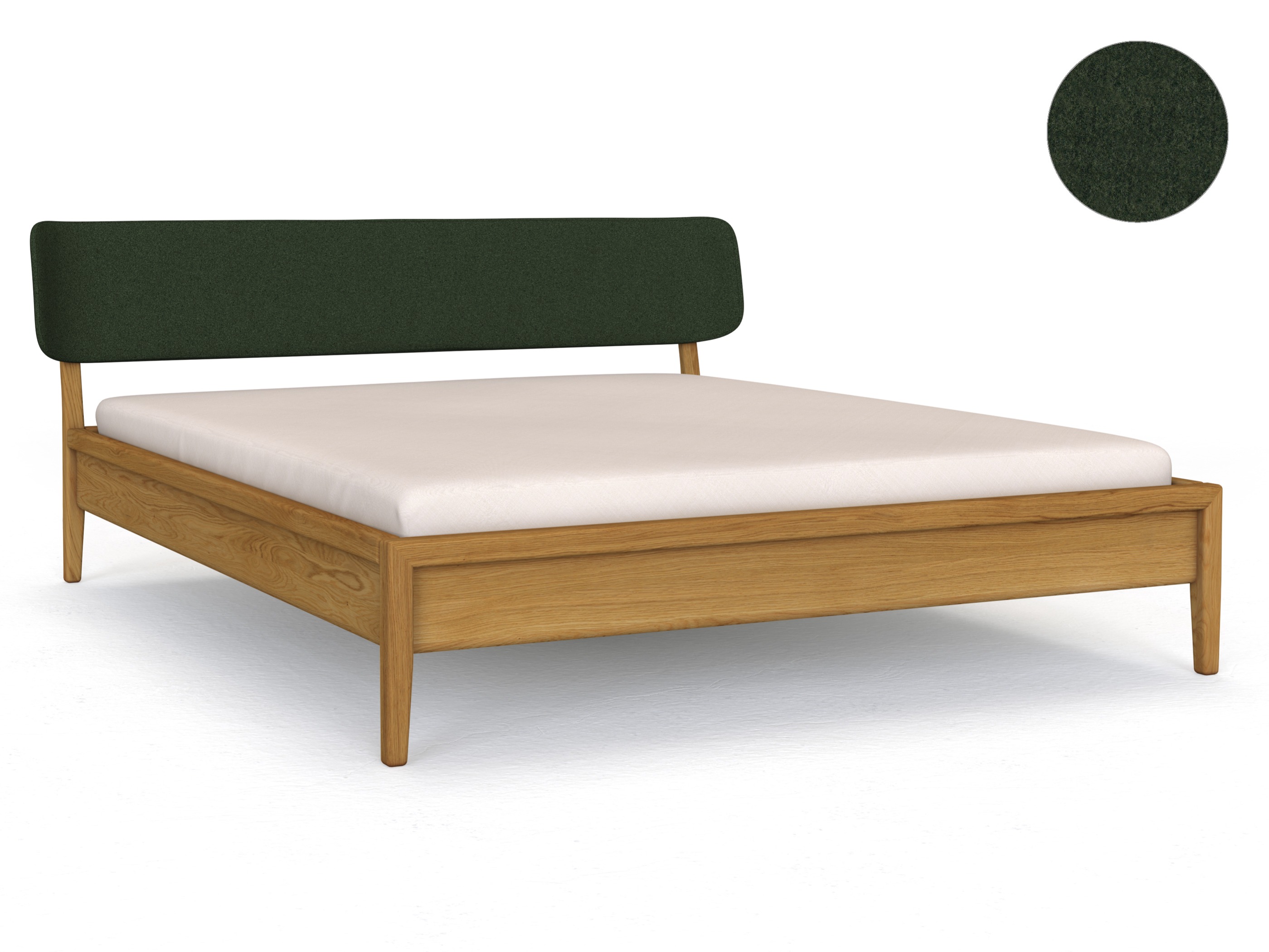 Eichenbett „Konstantin“ in 180 x 200 cm, mit Kopfteil „geschwungen“ - Stoff: Schafschurwolle „Loden“ in der Farbe Tannenwald