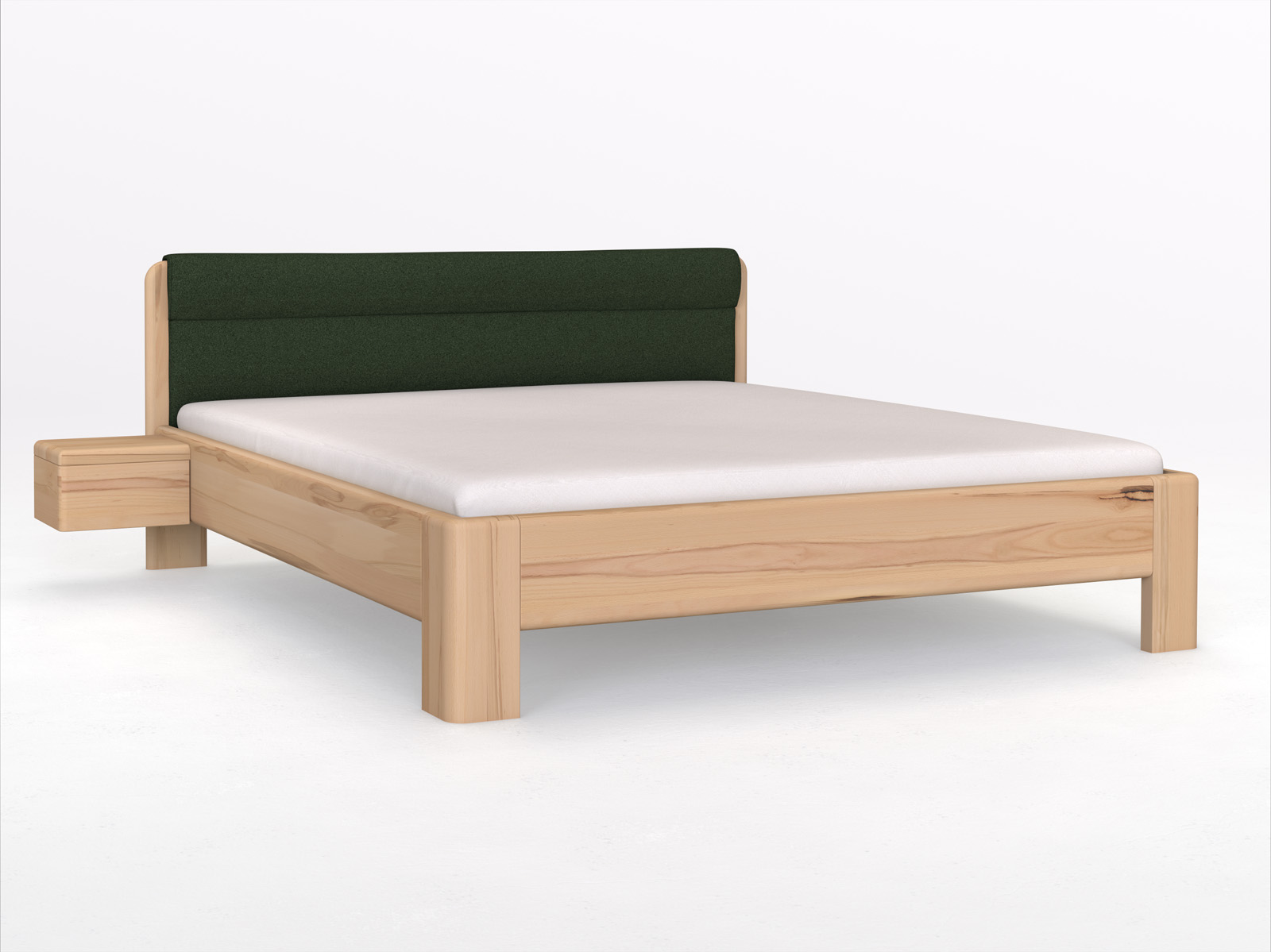 Buchenbett „Niklas“ in 180 x 200 cm mit Stoffkopfteil -  Stoff: Schafschurwolle „Loden“ in der Farbe Tannenwald