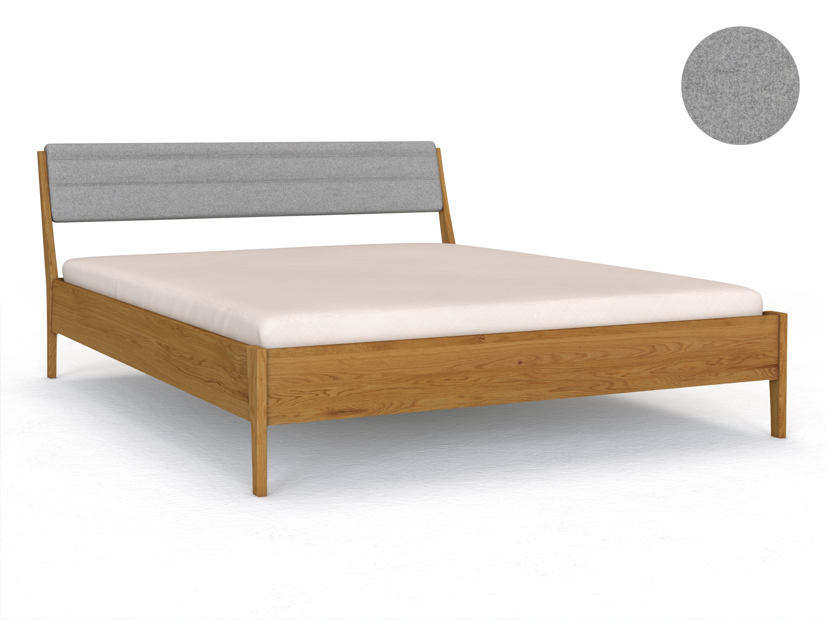 Eichenbett „Oliver“ in 180 x 200 cm, mit Kopfteil „hoch“ - Stoff: Schafschurwolle „Loden“ in der Farbe Nebelgrau