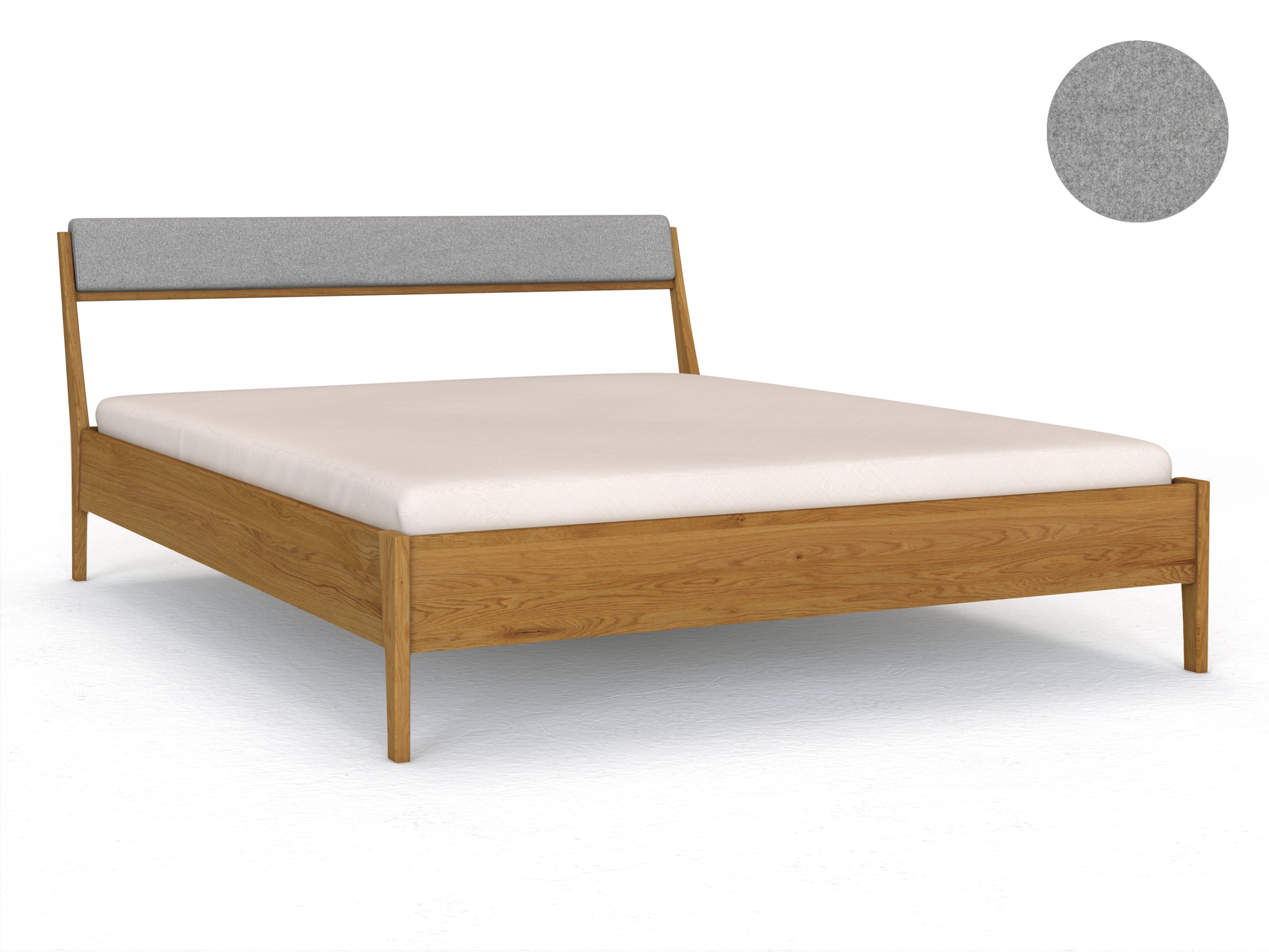 Eichenbett „Oliver“ in 180 x 200 cm, mit Kopfteil „schmal“ - Stoff: Schafschurwolle „Loden“ in der Farbe Nebelgrau