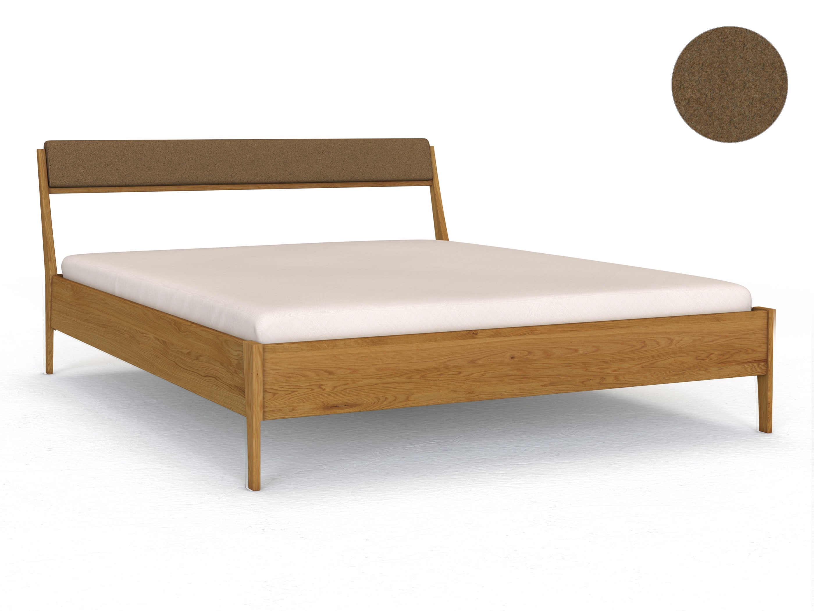 Eichenbett „Oliver“ in 180 x 200 cm, mit Kopfteil „schmal“ - Stoff: Schafschurwolle „Loden“ in der Farbe Zimtrinde