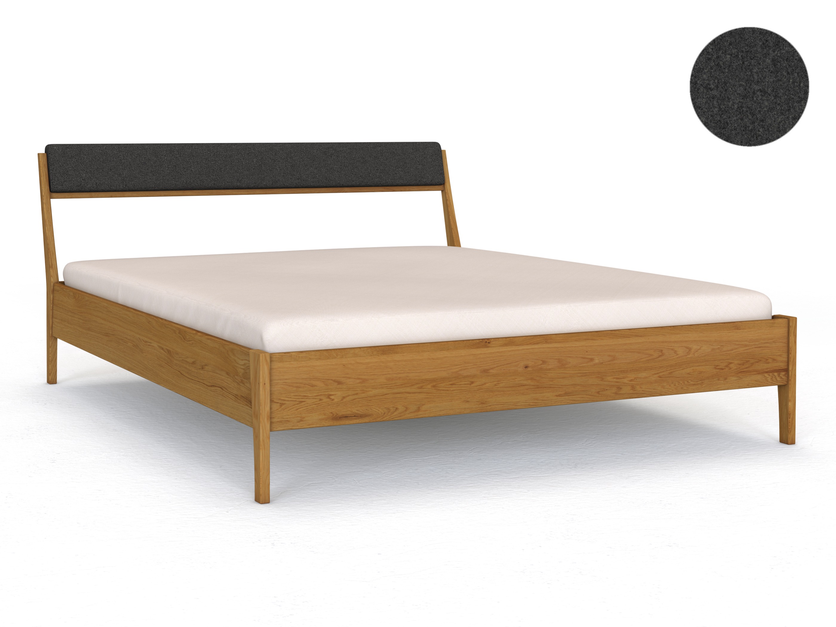 Eichenbett „Oliver“ in 180 x 200 cm, mit Kopfteil „schmal“ - Stoff: Schafschurwolle „Loden“ in der Farbe Anthrazit