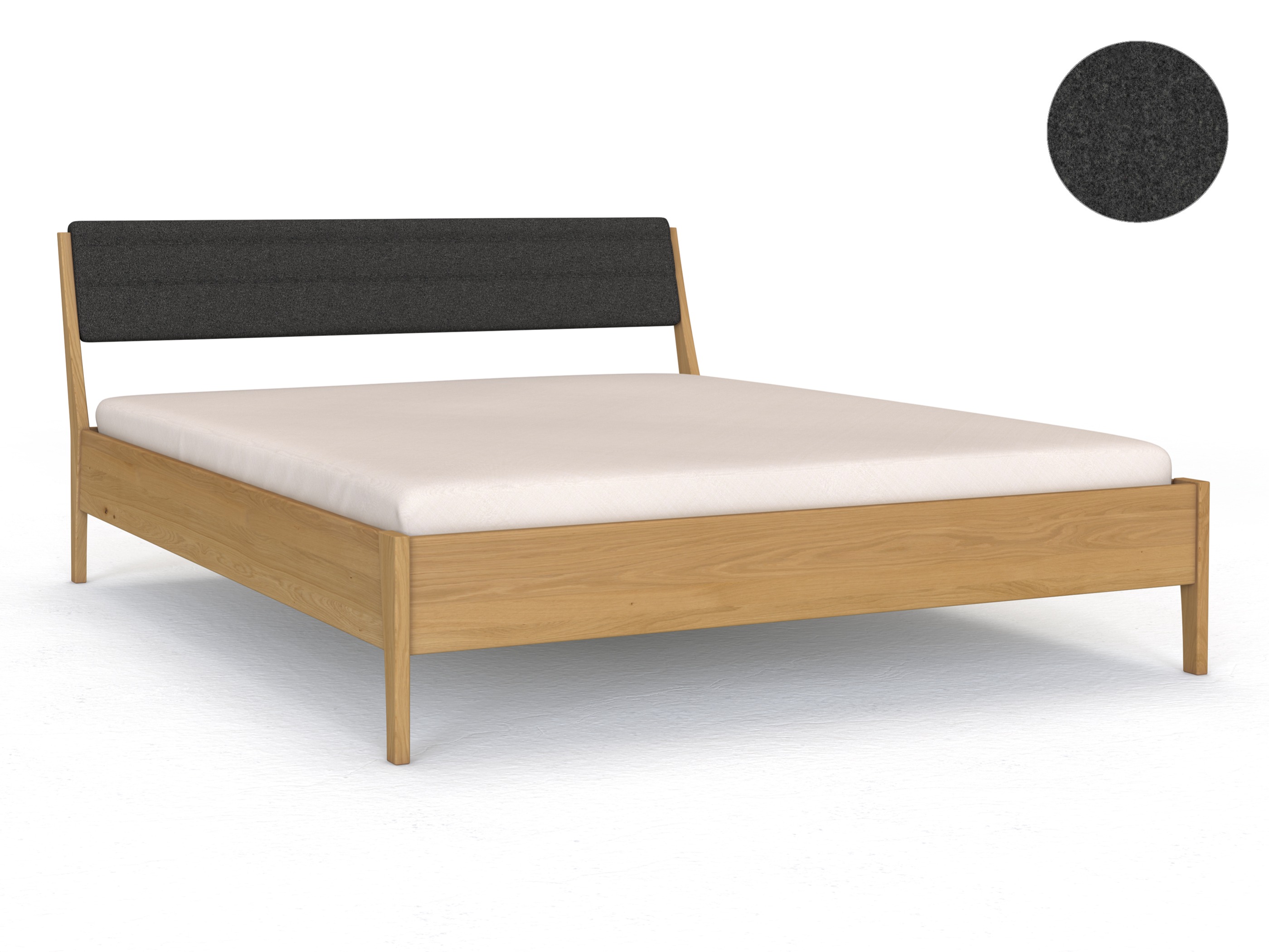 Eichenbett Hell „Oliver“ in 180 x 200 cm, mit Kopfteil „hoch“ - Stoff: Schafschurwolle „Loden“ in der Farbe Anthrazit