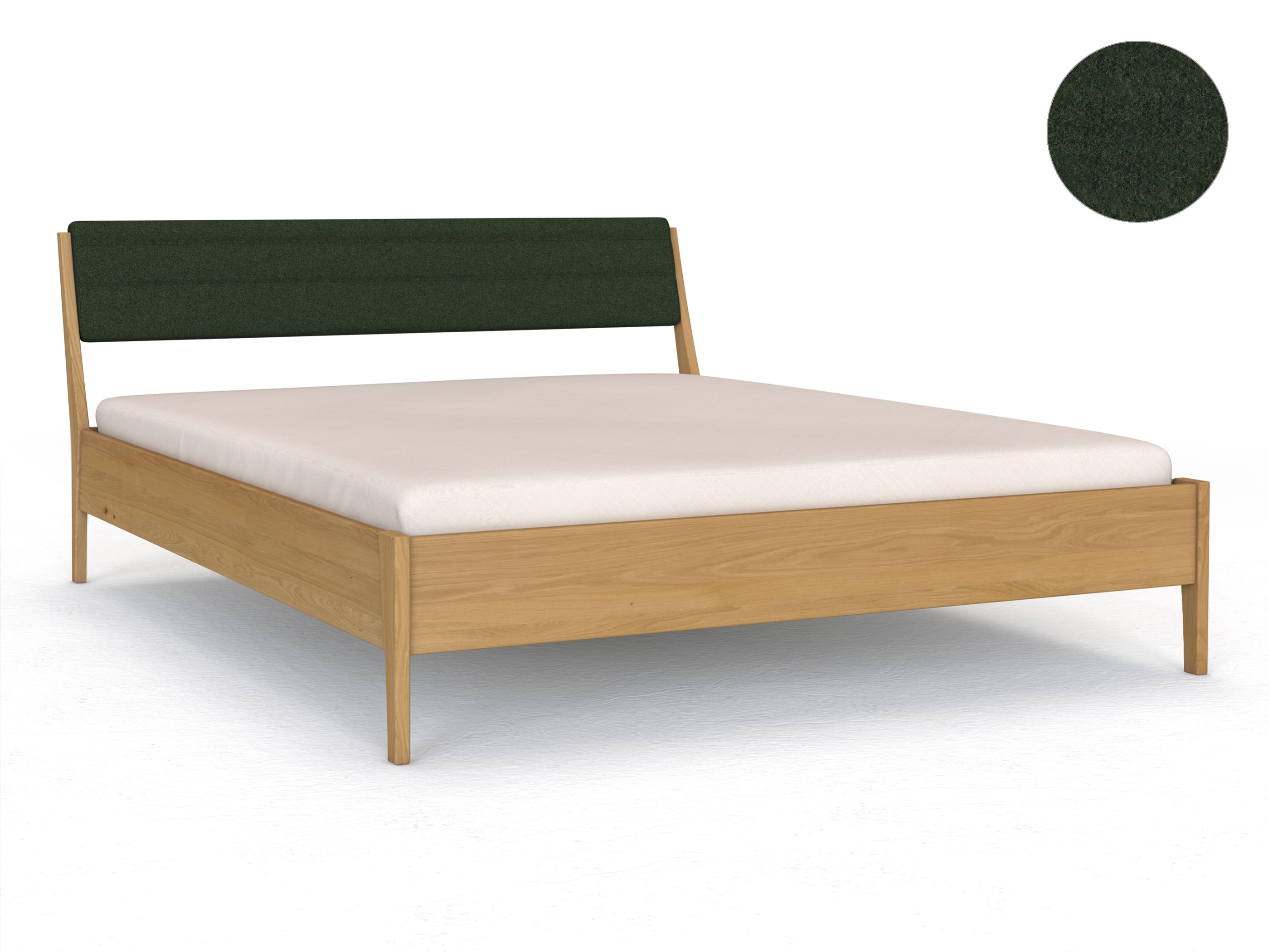 Eichenbett Hell „Oliver“ in 180 x 200 cm, mit Kopfteil „hoch“ - Stoff: Schafschurwolle „Loden“ in der Farbe Tannenwald