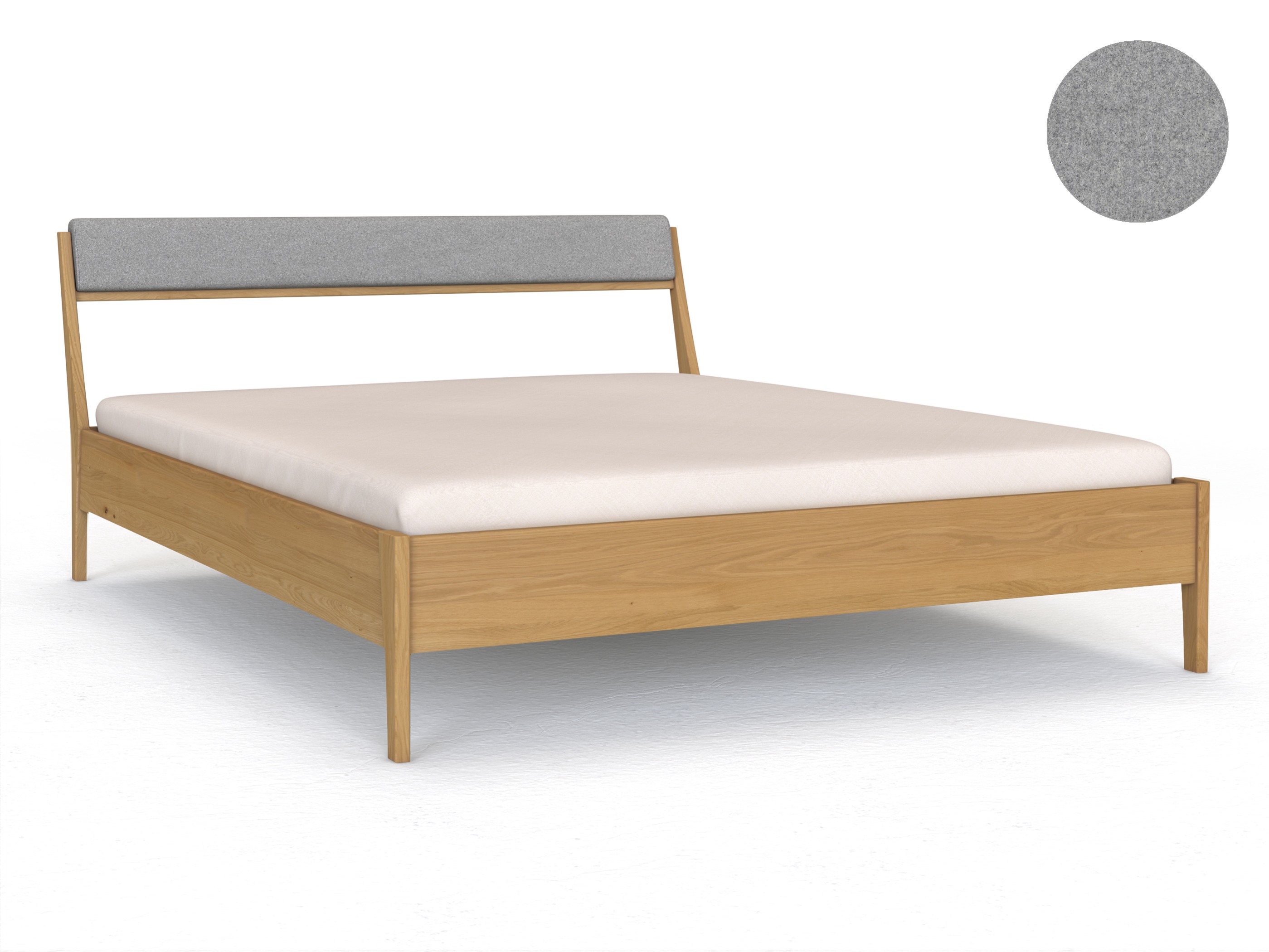 Eichenbett Hell „Oliver“ in 180 x 200 cm, mit Kopfteil „schmal“ - Stoff: Schafschurwolle „Loden“ in der Farbe Nebelgrau