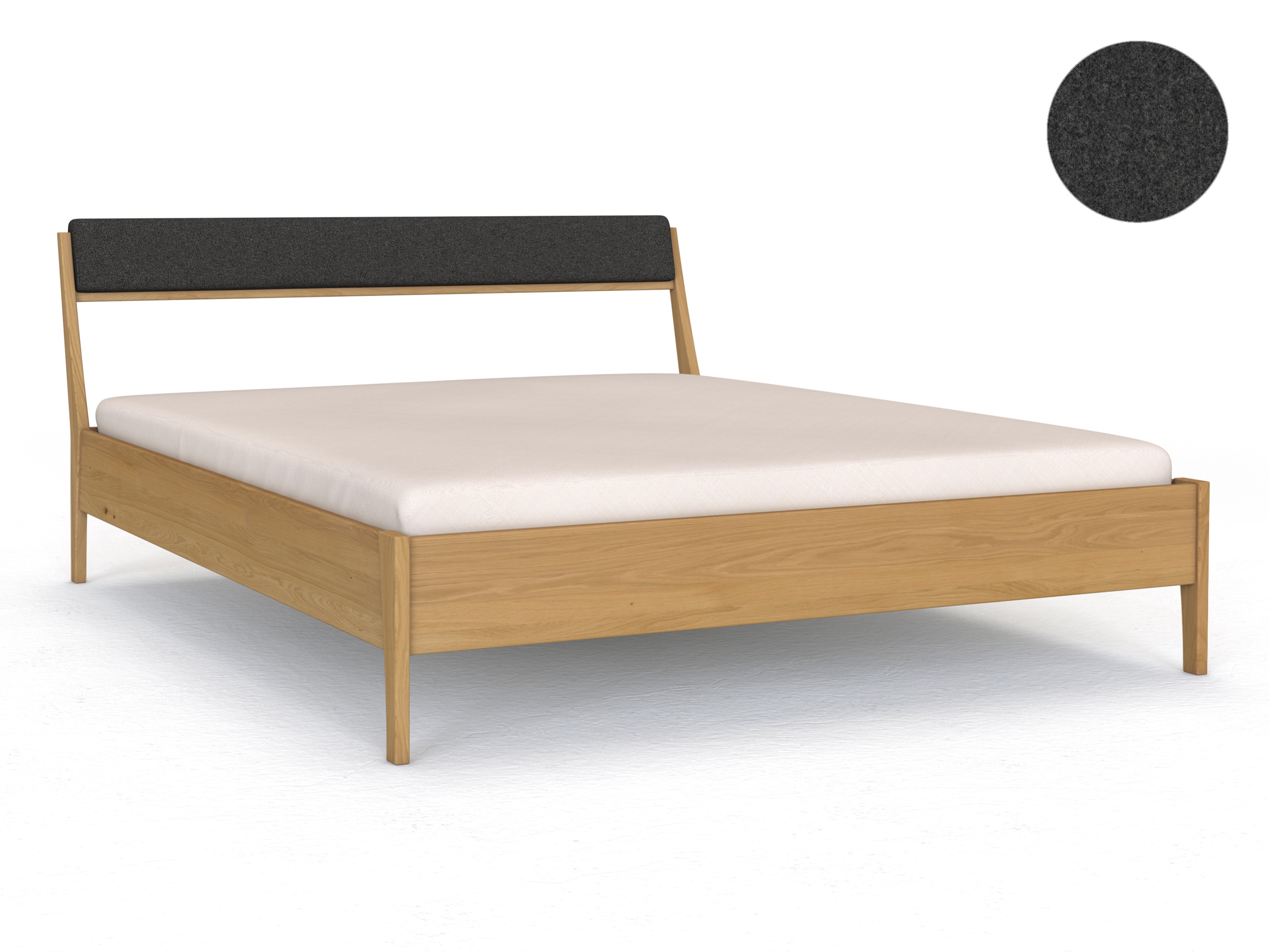 Eichenbett Hell „Oliver“ in 180 x 200 cm, mit Kopfteil „schmal“ - Stoff: Schafschurwolle „Loden“ in der Farbe Anthrazit
