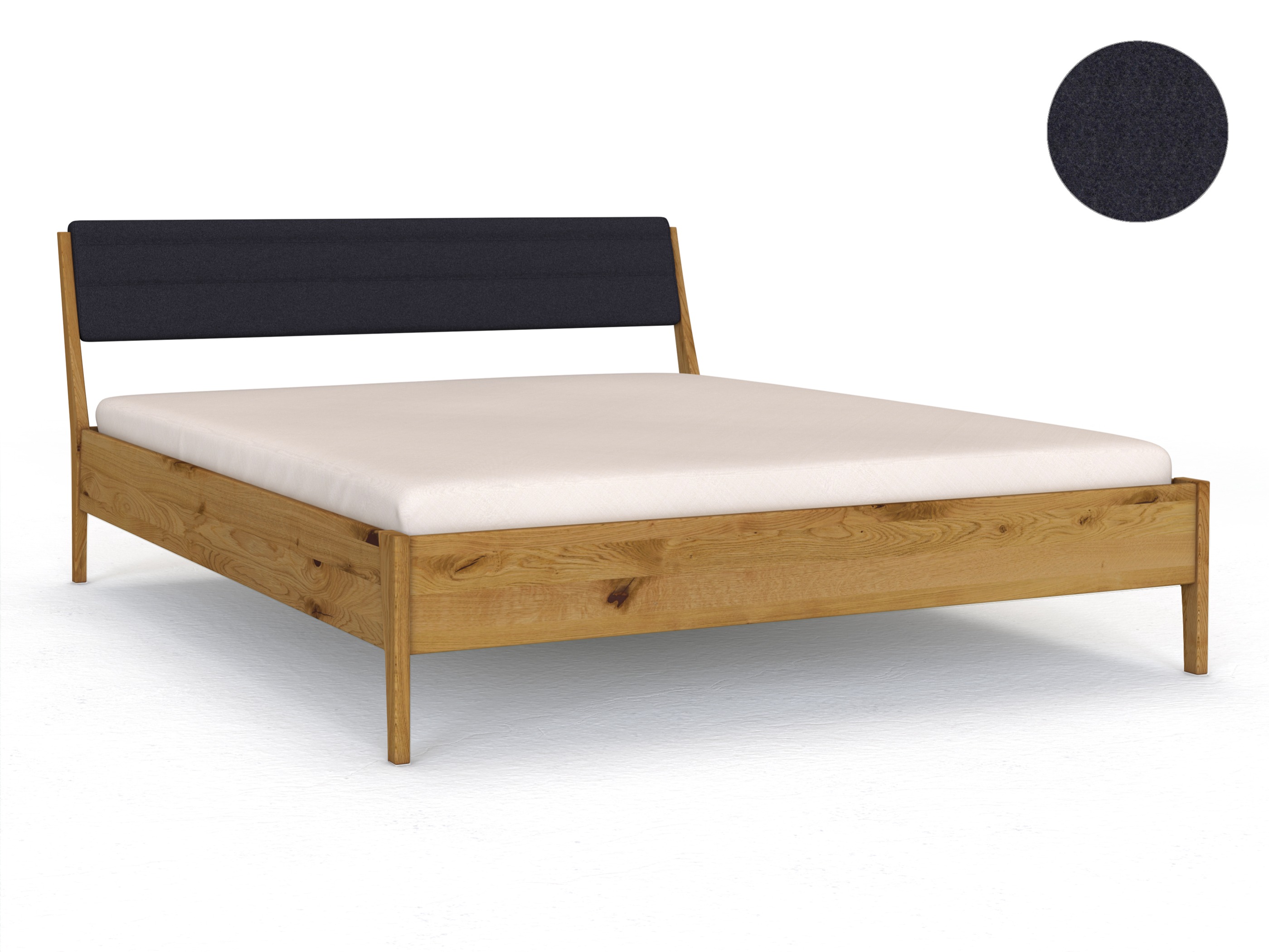 Wildeichenbett „Oliver“ in 180 x 200 cm, mit Kopfteil „hoch“ - Stoff: Schafschurwolle „Loden“ in der Farbe Nachtblau
