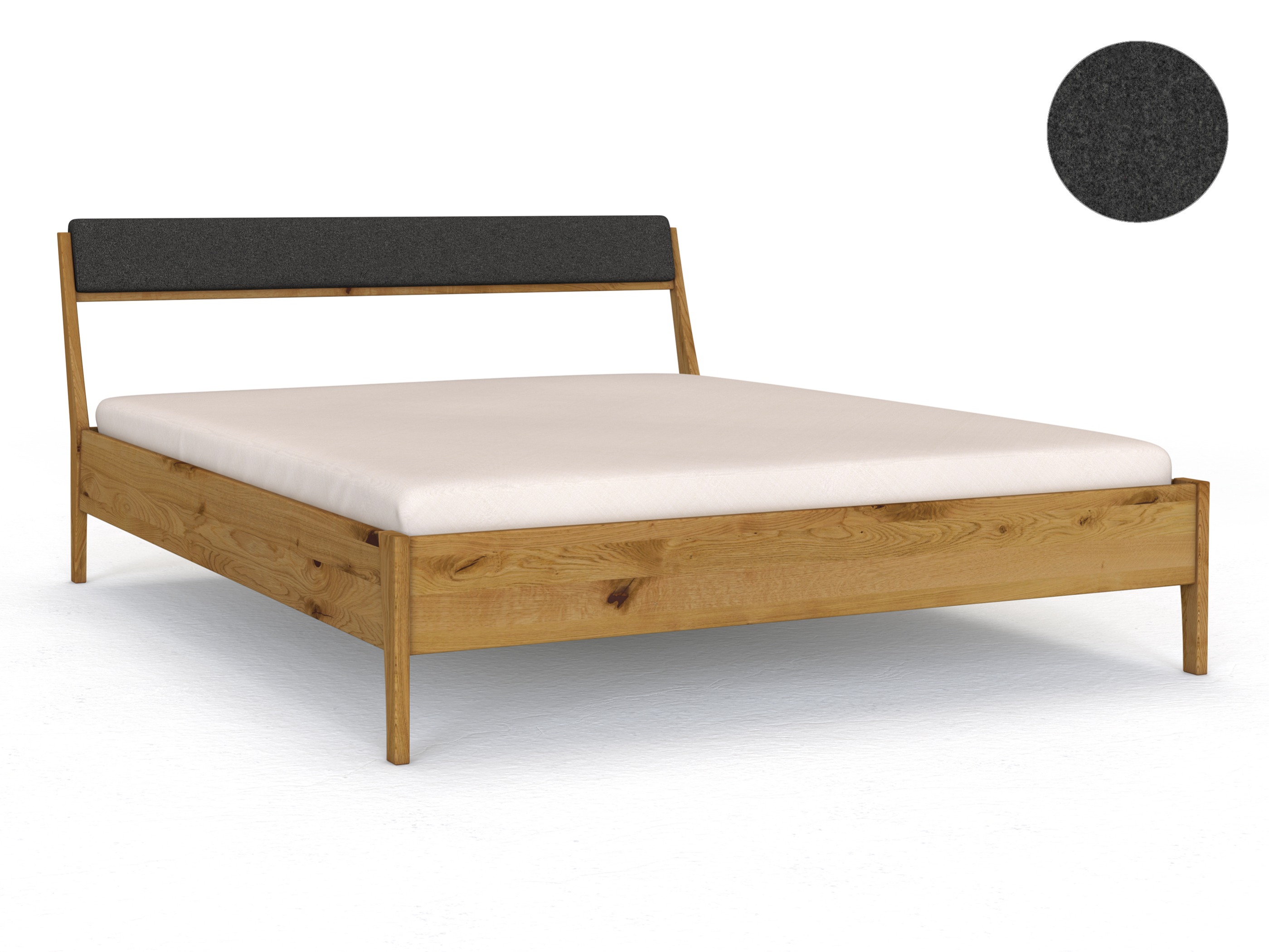 Wildeichenbett „Oliver“ in 180 x 200 cm, mit Kopfteil „schmal“ - Stoff: Schafschurwolle „Loden“ in der Farbe Anthrazit