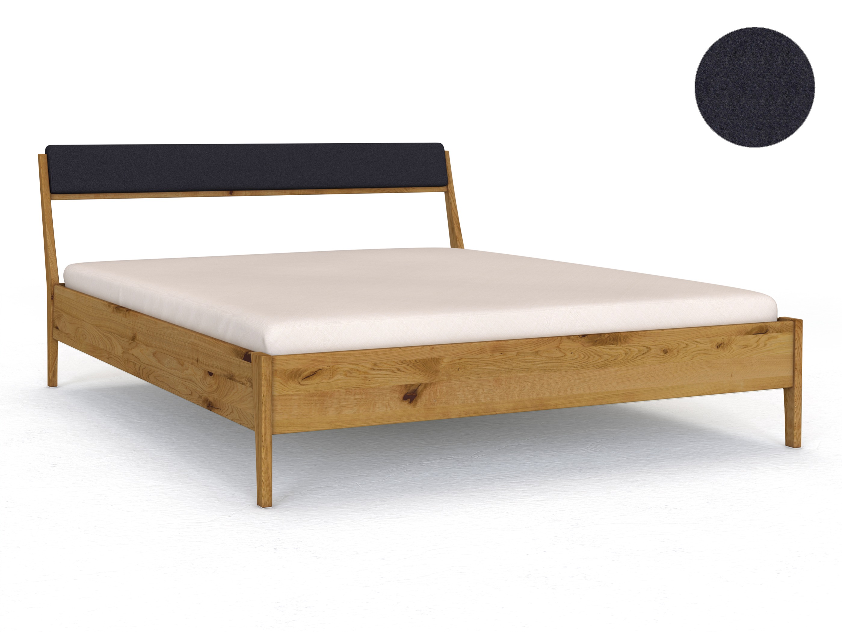 Wildeichenbett „Oliver“ in 180 x 200 cm, mit Kopfteil „schmal“ - Stoff: Schafschurwolle „Loden“ in der Farbe Nachtblau
