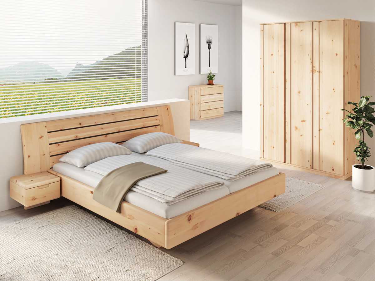 Schlafzimmer aus Massivholz Zirbe mit Zirbenbett „Bettina" 180 x 200 cm mit schmalen Nachttischen