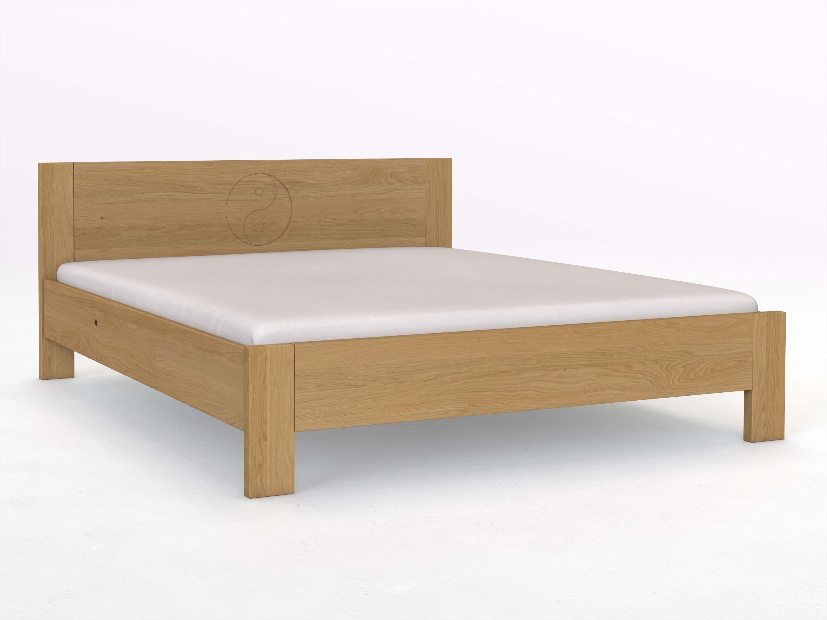 Eichenbett Hell „Bianca“ in 180 x 200 cm, mit Gravur „Yin Yang“