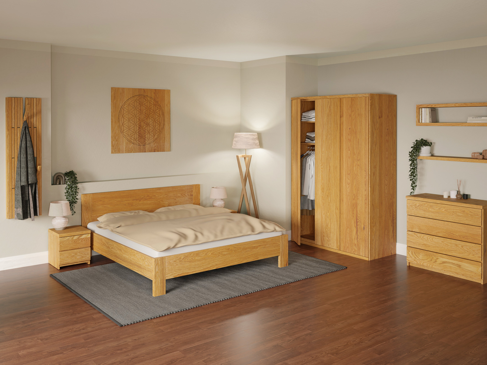 Schlafzimmer mit Eichenbett „Bianca“ in 180 x 200 cm