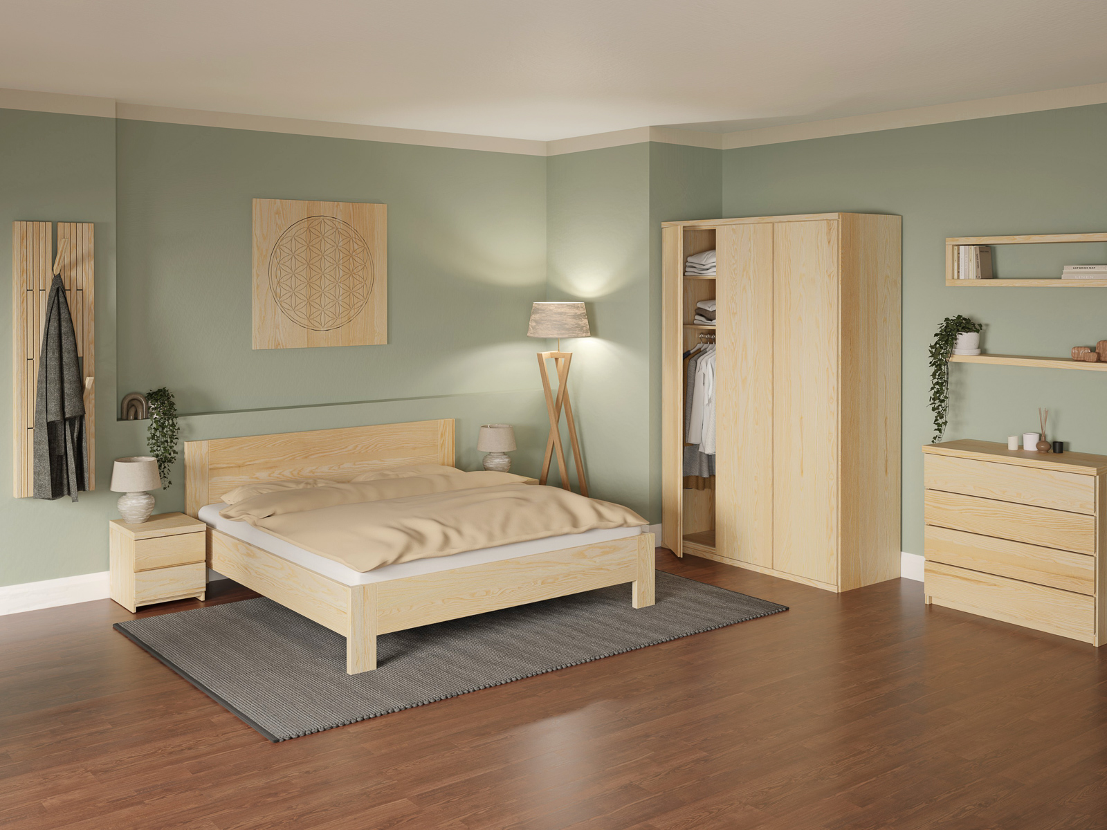 Eschenschlafzimmer mit Bett  „Bianca“ in 180 x 200 cm