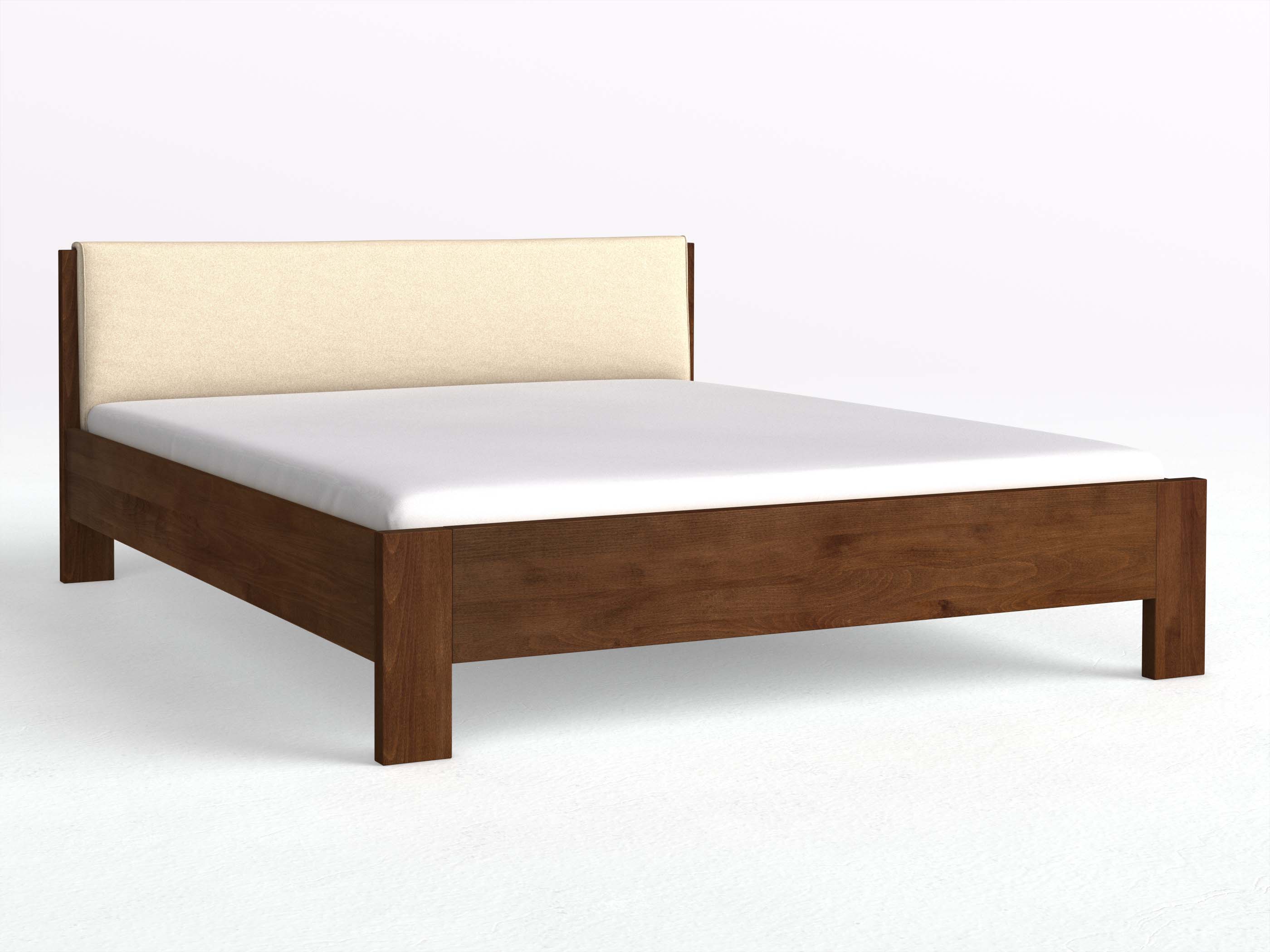 Buchenbett Dunkel „Bianca“ mit Stoffkopfteil - Stoff: Schafschurwolle „Fischgrät“ in der Farbe Holunderblüte