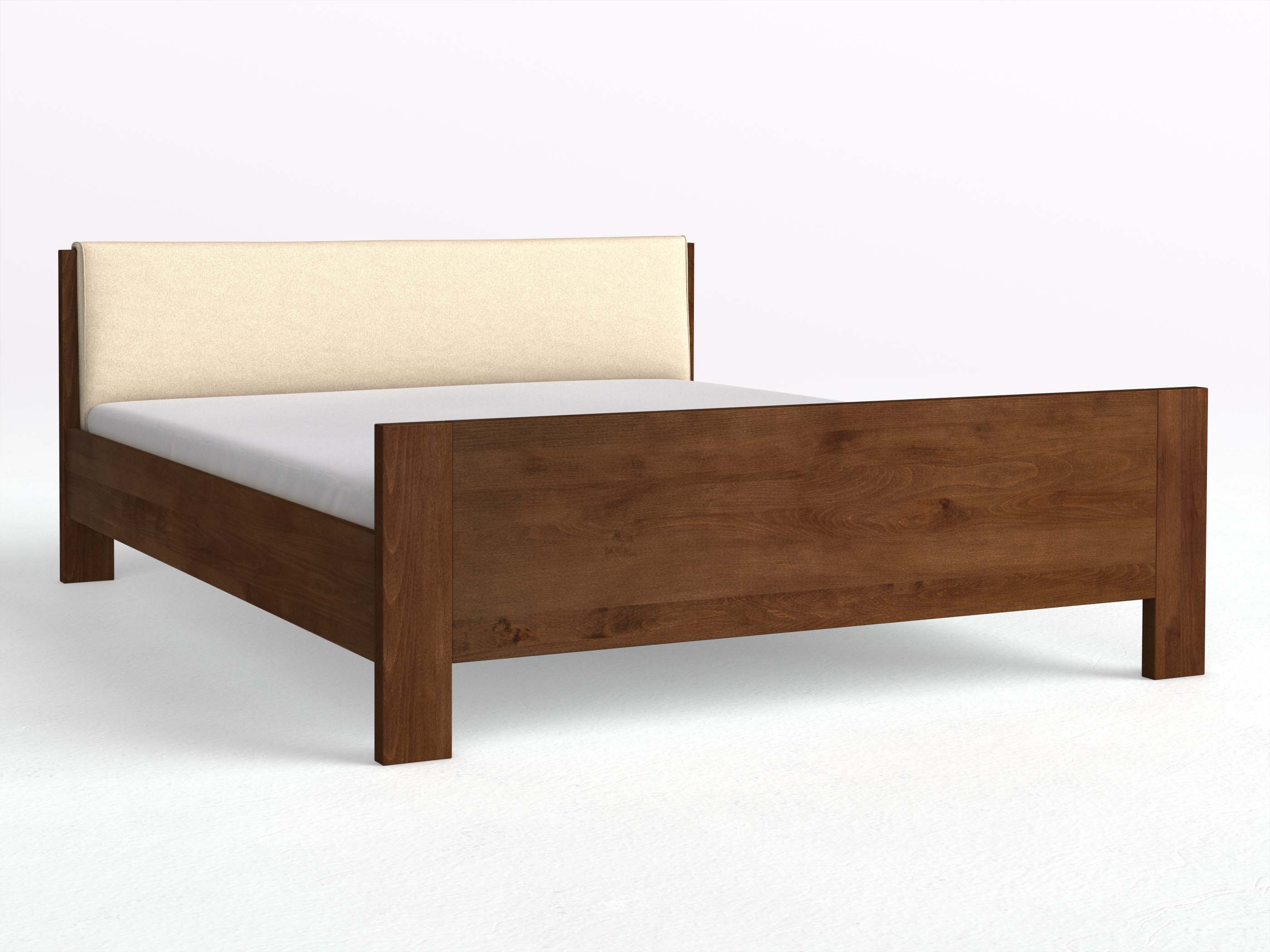 Buchenbett Dunkel „Bianca“ in 180 x 200 cm, mit erhöhtem Fußteil und einem Stoffkopfteil - Stoff: Schafschurwolle „Fischgrät“ in der Farbe Holunderblüte