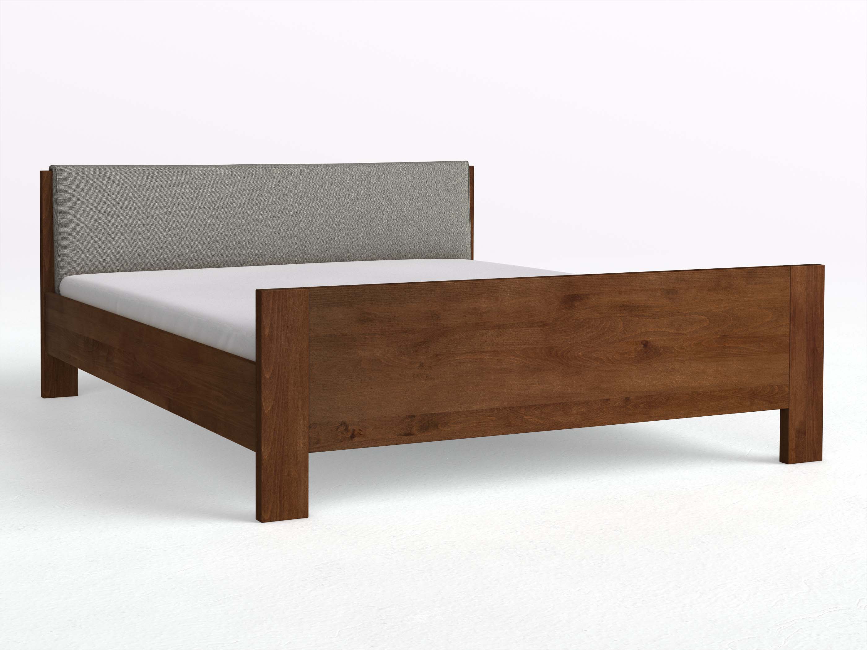 Buchenbett Dunkel „Bianca“ in 180 x 200 cm, mit erhöhtem Fußteil und einem Stoffkopfteil - Stoff: Schafschurwolle „Fischgrät“ in der Farbe Grauer Mohn