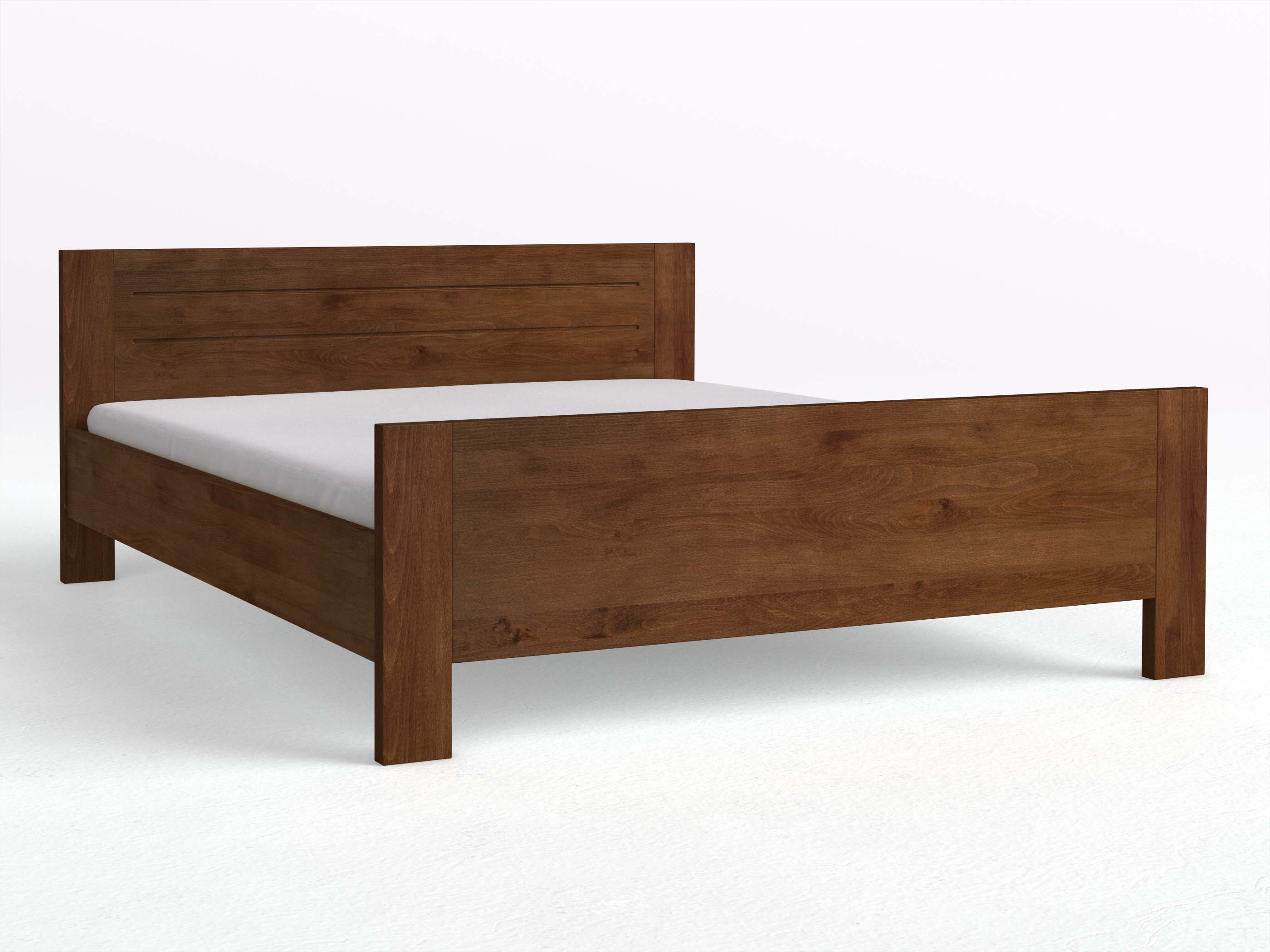 Buchenbett Dunkel „Bianca“ in 180 x 200 cm, mit erhöhtem Fußteil und der Gravur „Doppellinie“