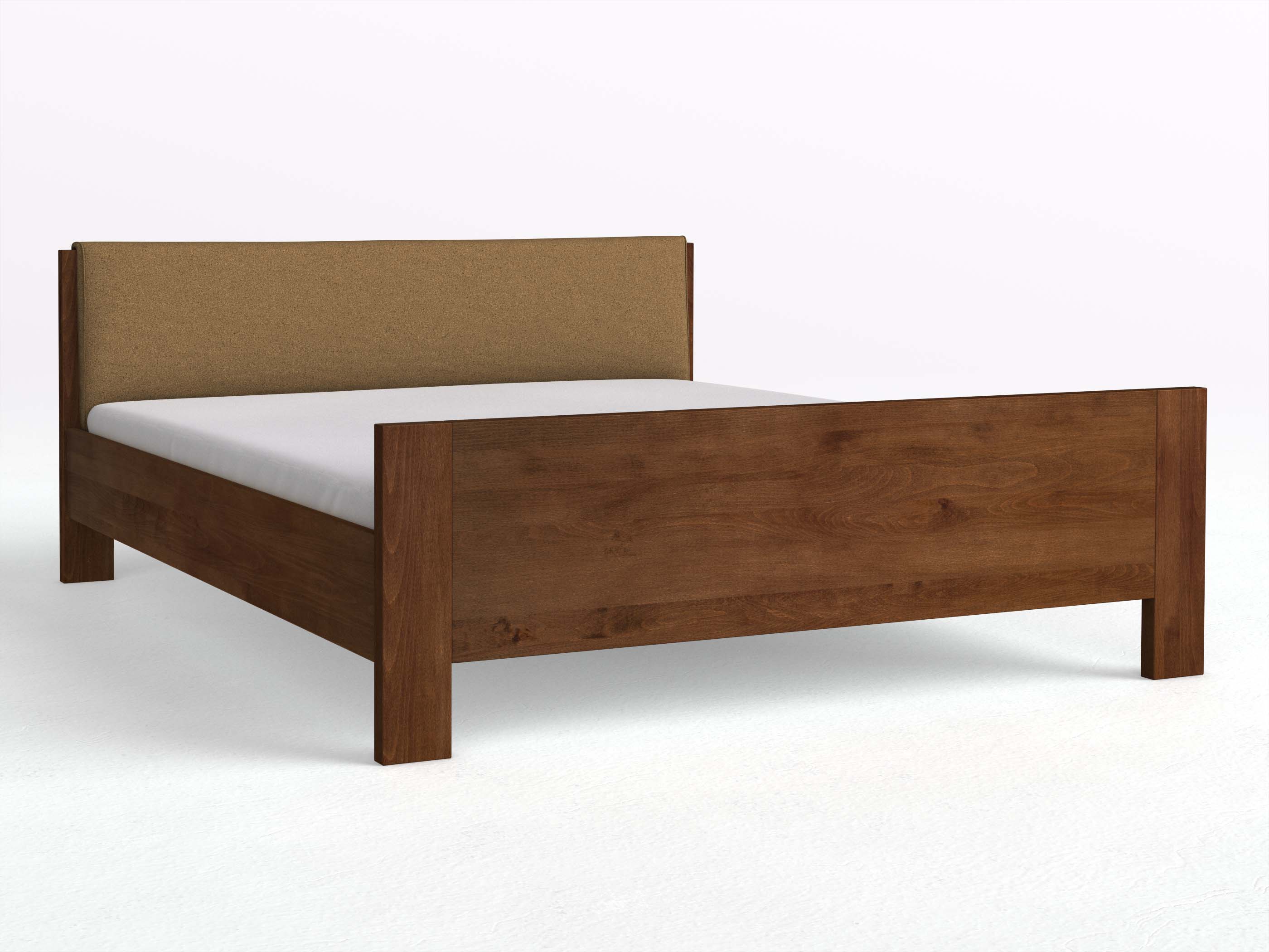 Buchenbett Dunkel „Bianca“ in 180 x 200 cm, mit erhöhtem Fußteil und einem Stoffkopfteil - Stoff: Schafschurwolle „Loden“ in der Farbe Zimtrinde