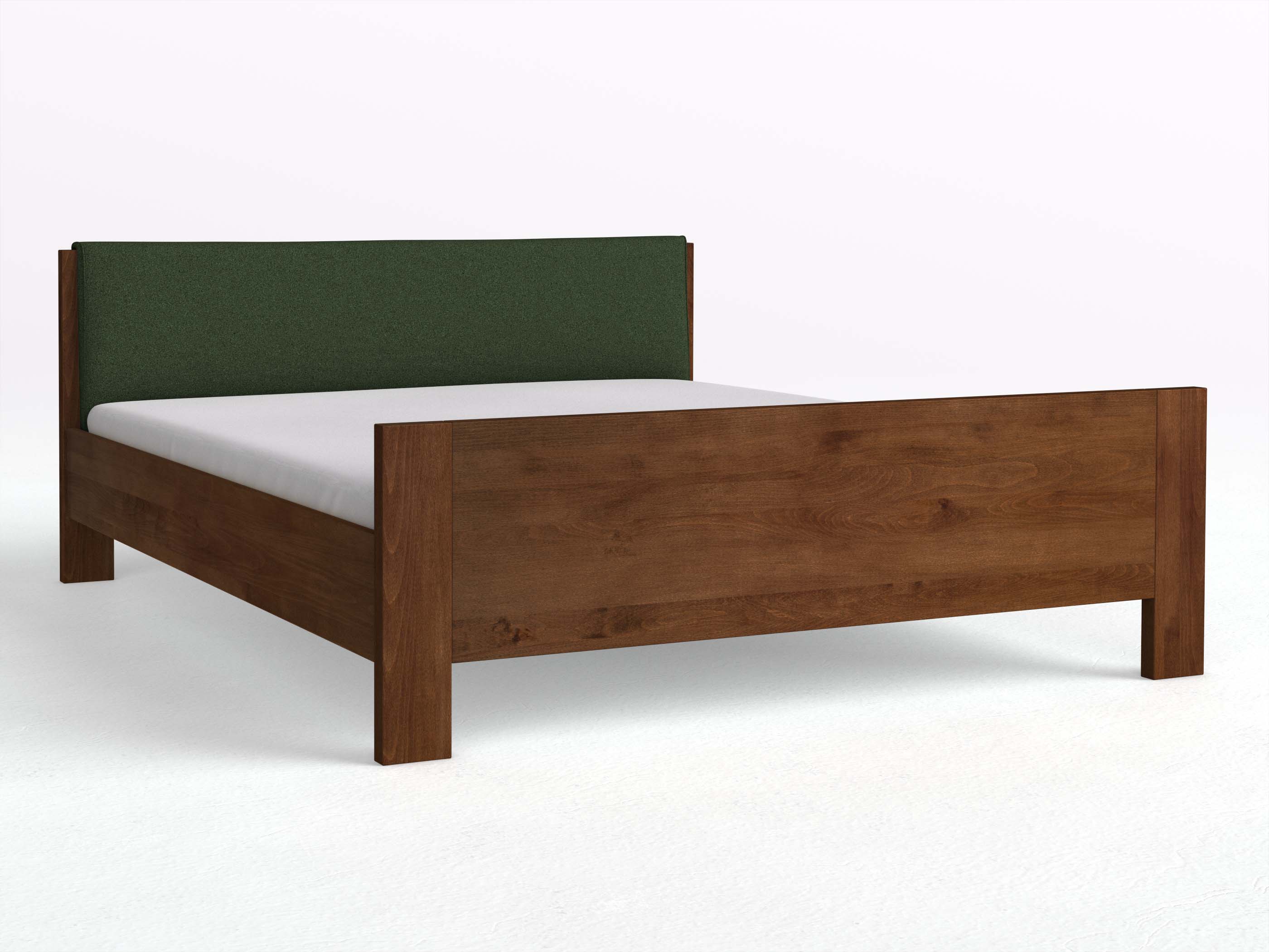 Buchenbett Dunkel „Bianca“ in 180 x 200 cm, mit erhöhtem Fußteil und einem Stoffkopfteil - Stoff: Schafschurwolle „Loden“ in der Farbe Tannenwald