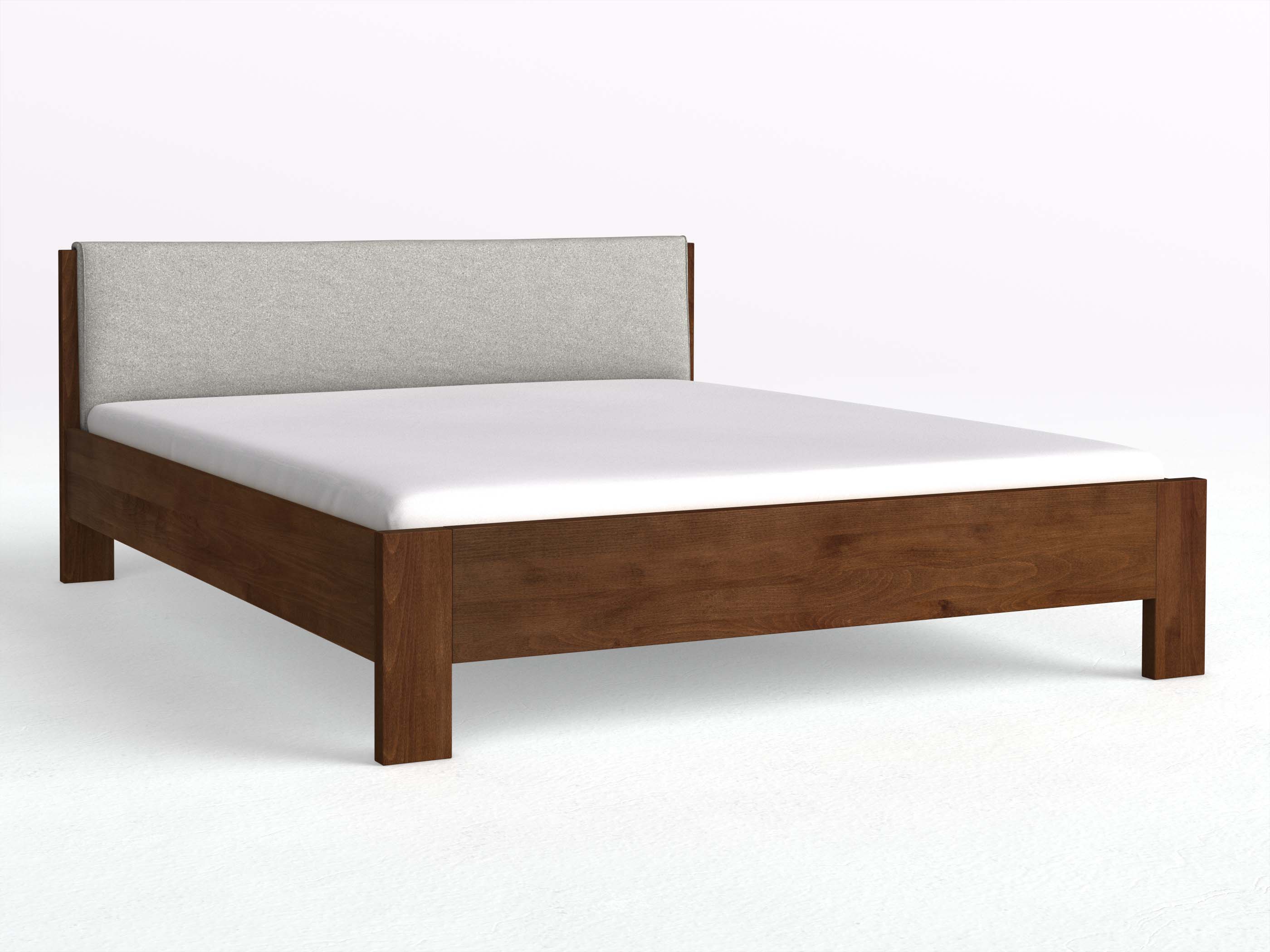 Buchenbett Dunkel „Bianca“ mit Stoffkopfteil - Stoff: Schafschurwolle „Loden“ in der Farbe Nebelgrau