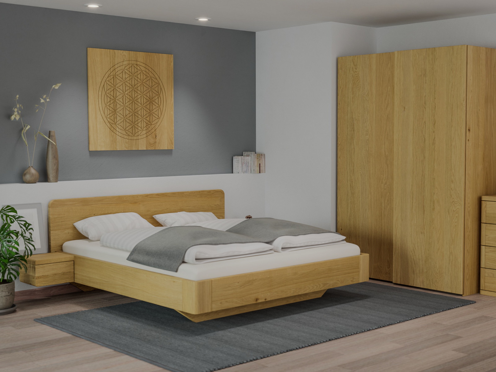 Schlafzimmer mit Eichenbett Hell „Clara“ in 180 x 200 cm