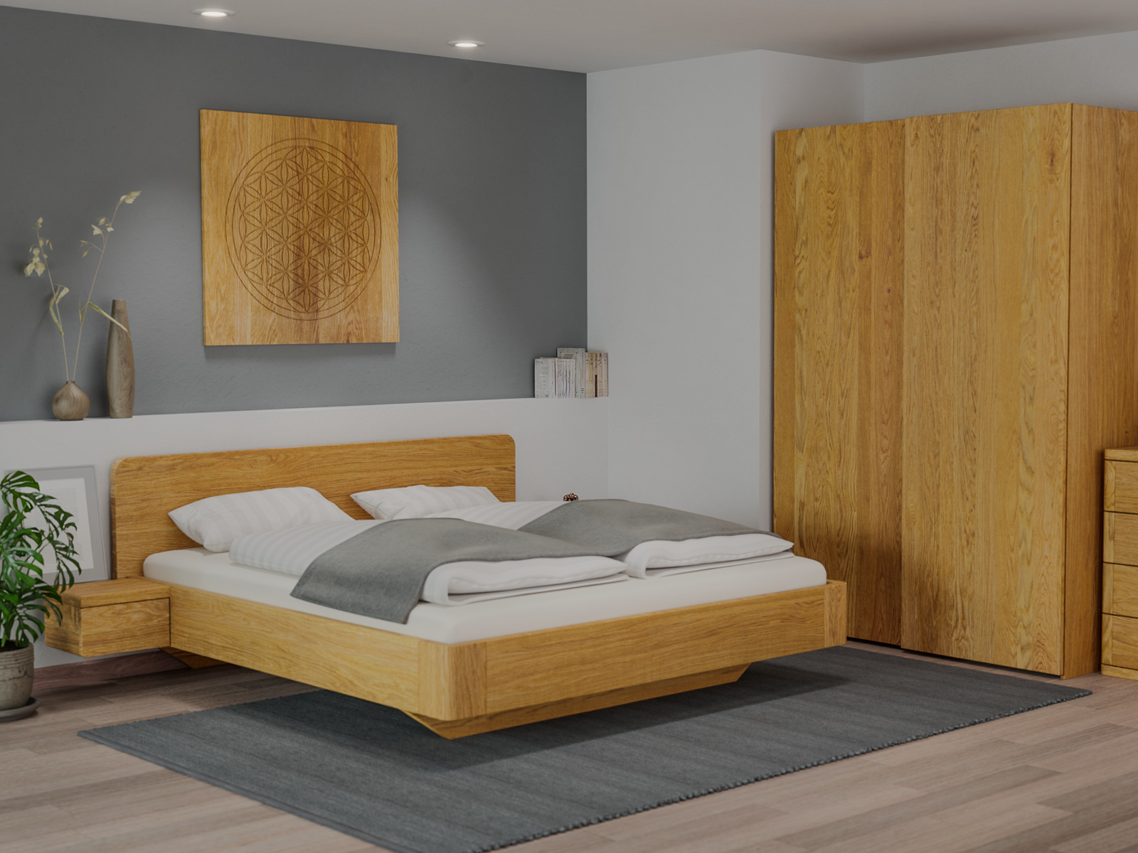 Schlafzimmer mit Eichenbett „Clara“ in 180 x 200 cm, mit zwei Ablagen