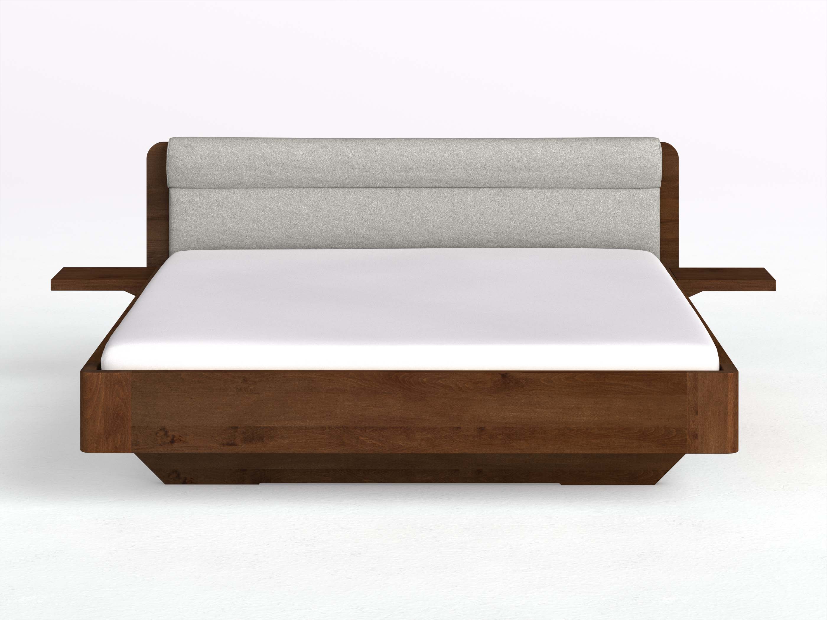 Buchenbett Dunkel „Clara“ in 180 x 200 cm mit 2 Ablagen und Stoffkopfteil - Stoff: Schafschurwolle „Loden“ in der Farbe Nebelgrau