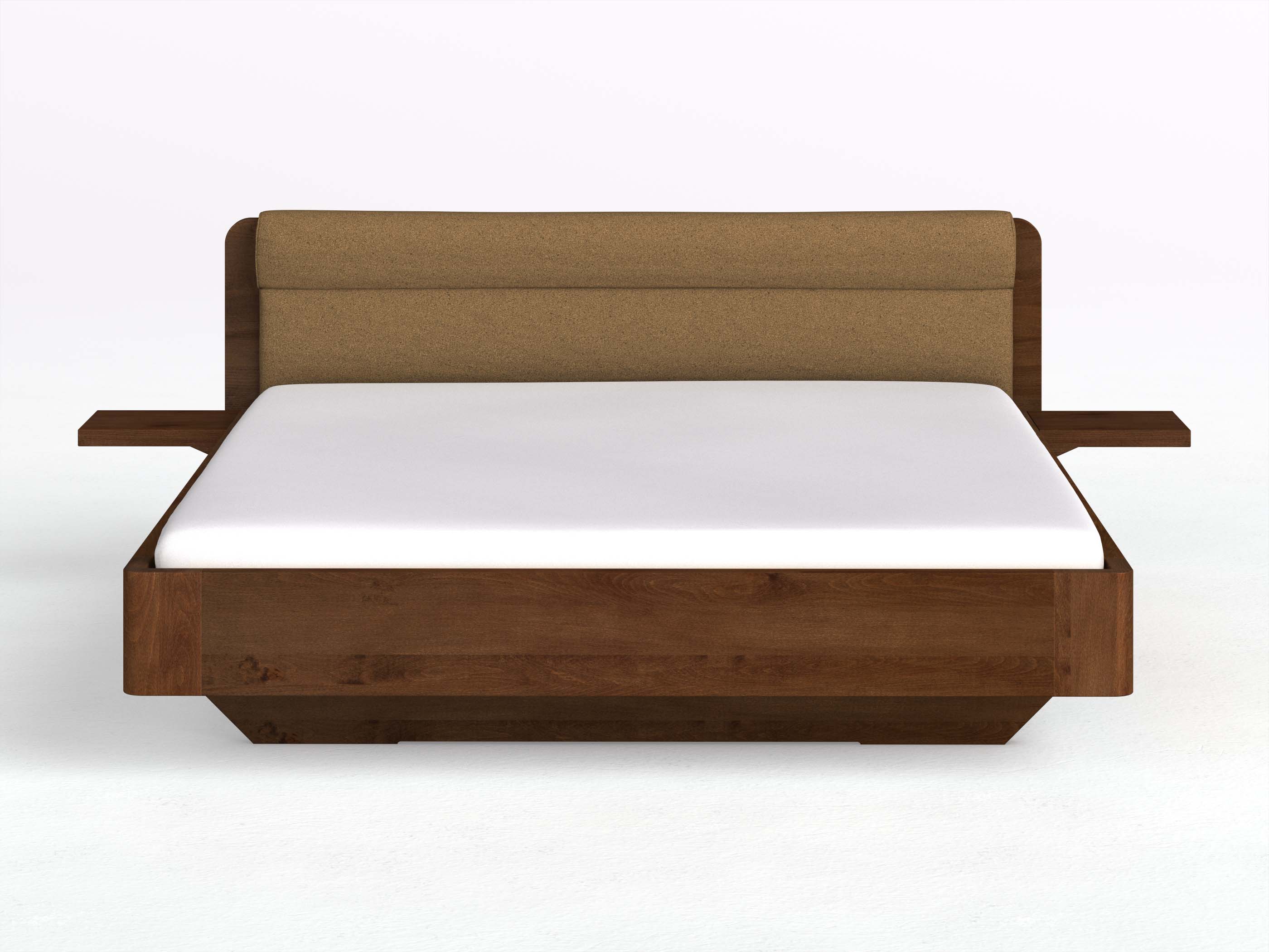 Buchenbett Dunkel „Clara“ in 180 x 200 cm mit 2 Ablagen und Stoffkopfteil - Stoff: Schafschurwolle „Loden“ in der Farbe Zimtrinde