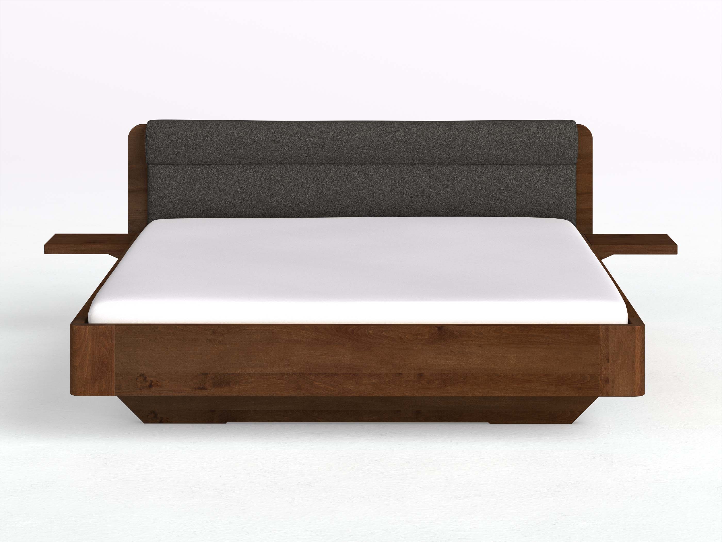 Buchenbett Dunkel „Clara“ in 180 x 200 cm mit 2 Ablagen und Stoffkopfteil - Stoff: Schafschurwolle „Loden“ in der Farbe Anthrazit