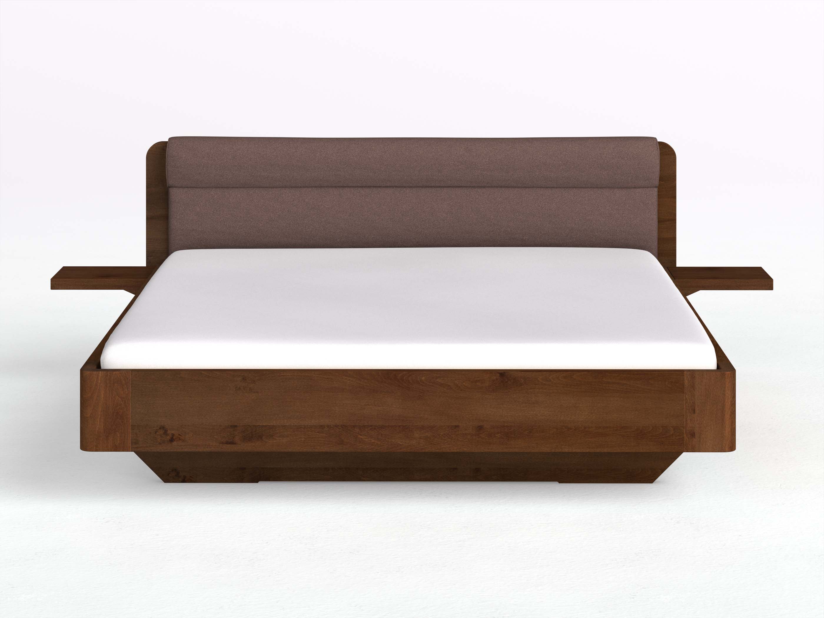 Buchenbett Dunkel „Clara“ in 180 x 200 cm mit 2 Ablagen und Stoffkopfteil - Stoff: Schafschurwolle „Loden“ in der Farbe Abenddämmerung