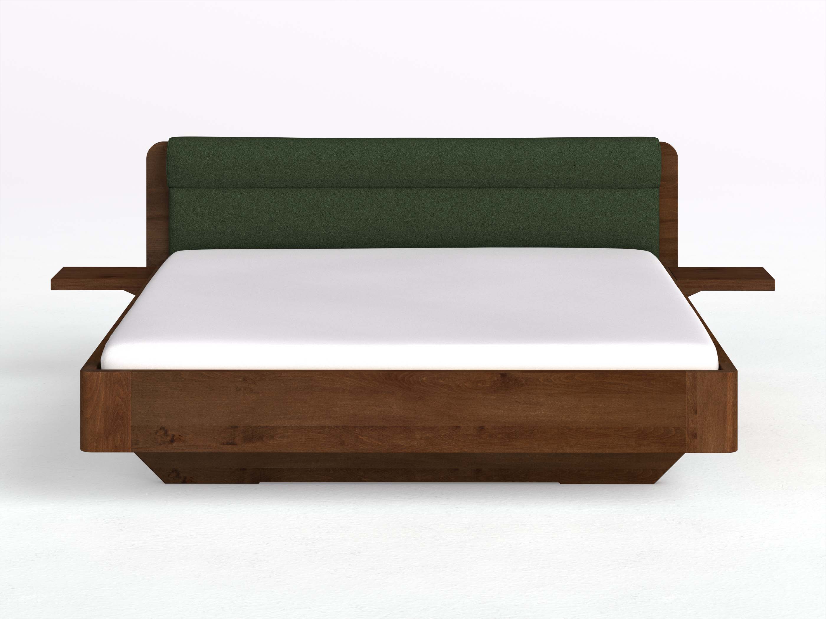 Buchenbett Dunkel „Clara“ in 180 x 200 cm mit 2 Ablagen und Stoffkopfteil - Stoff: Schafschurwolle „Loden“ in der Farbe Tannenwald