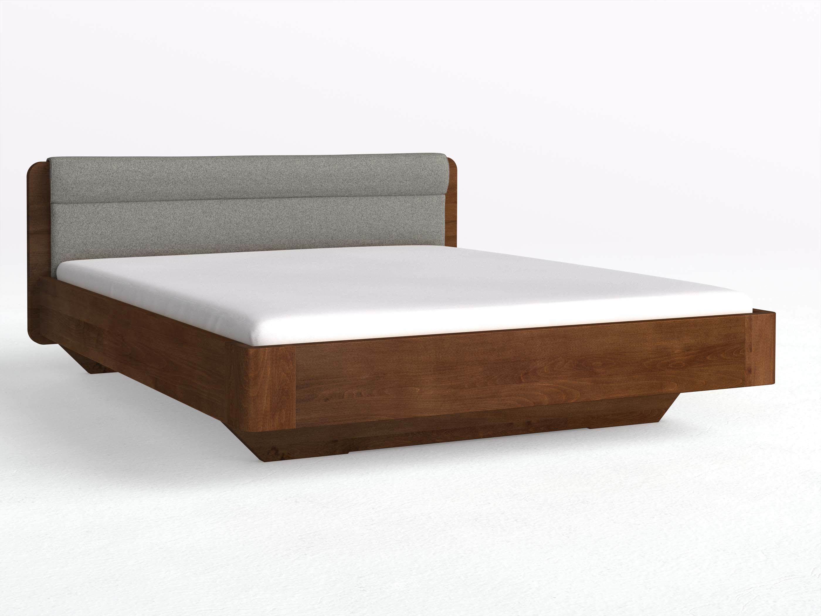 Buchenbett Dunkel „Clara“ in 180 x 200 cm mit Stoffkopfteil - Stoff: Schafschurwolle „Fischgrät“ in der Farbe Grauer Mohn