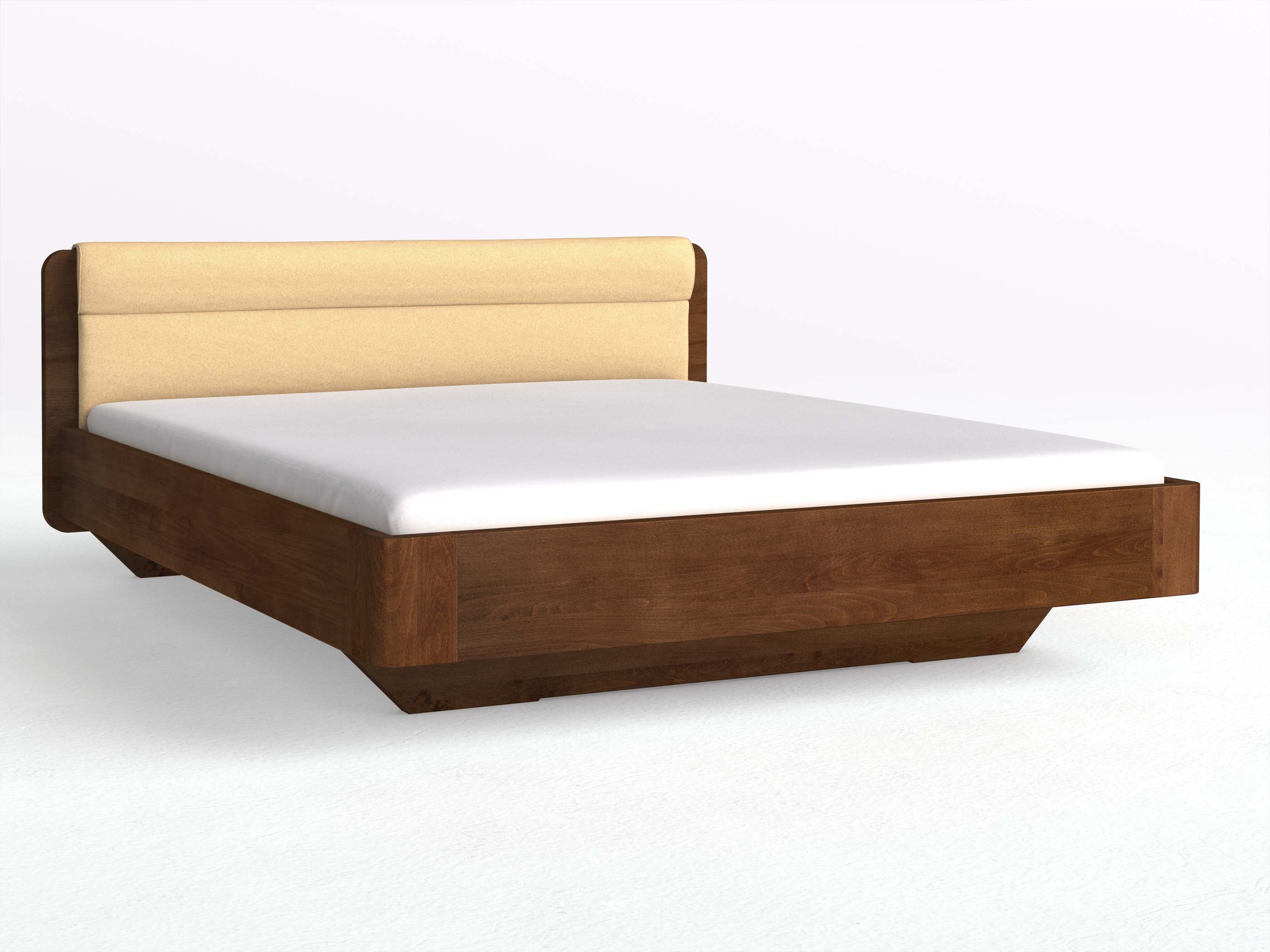 Buchenbett Dunkel „Clara“ in 180 x 200 cm mit Stoffkopfteil - Stoff: Schafschurwolle „Fischgrät“ in der Farbe Goldhirse