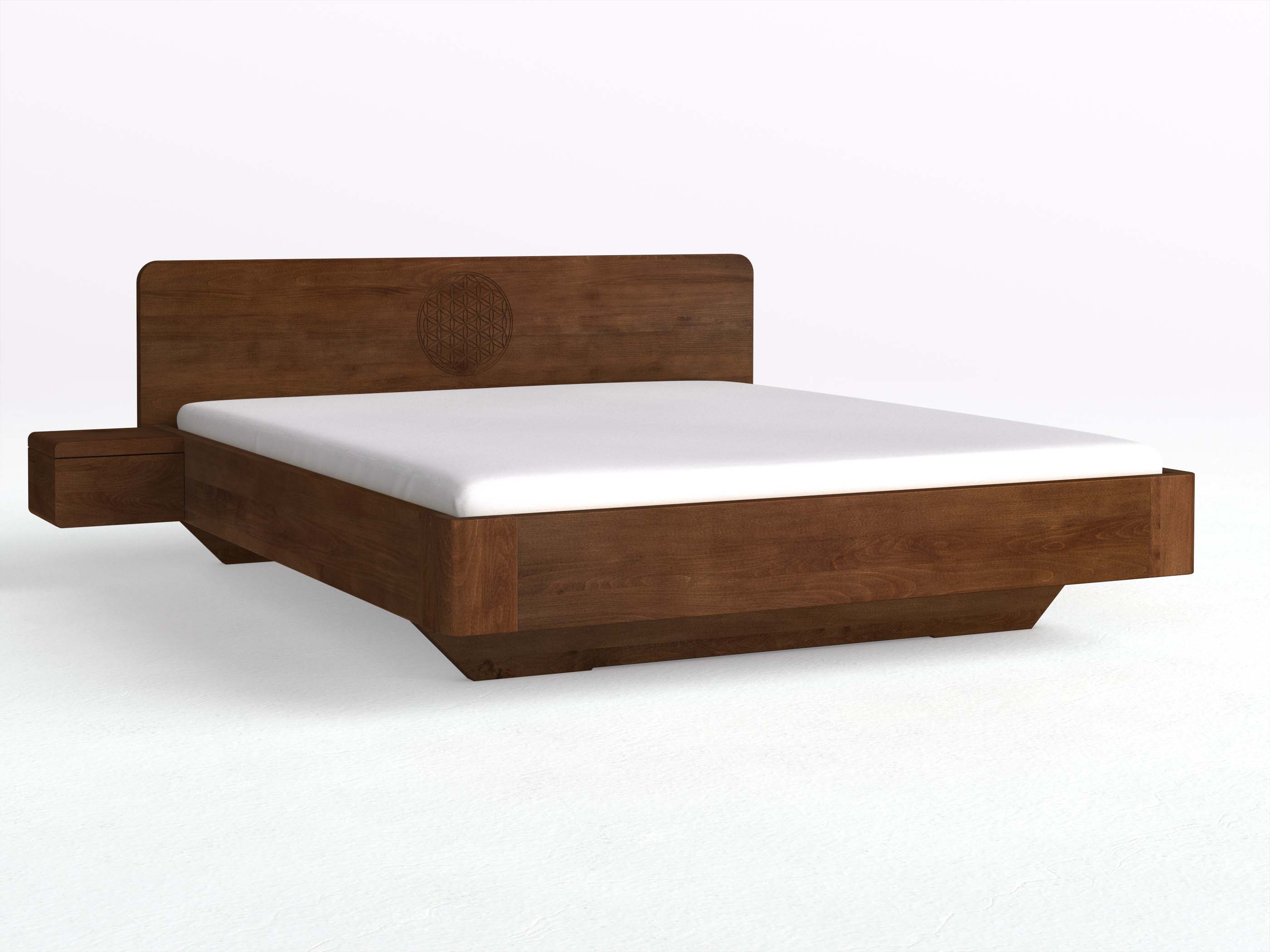 Buchenbett Dunkel „Clara“ mit 2 Nachttischen Griff: Grifflos und der Gravur „Blume des Lebens“