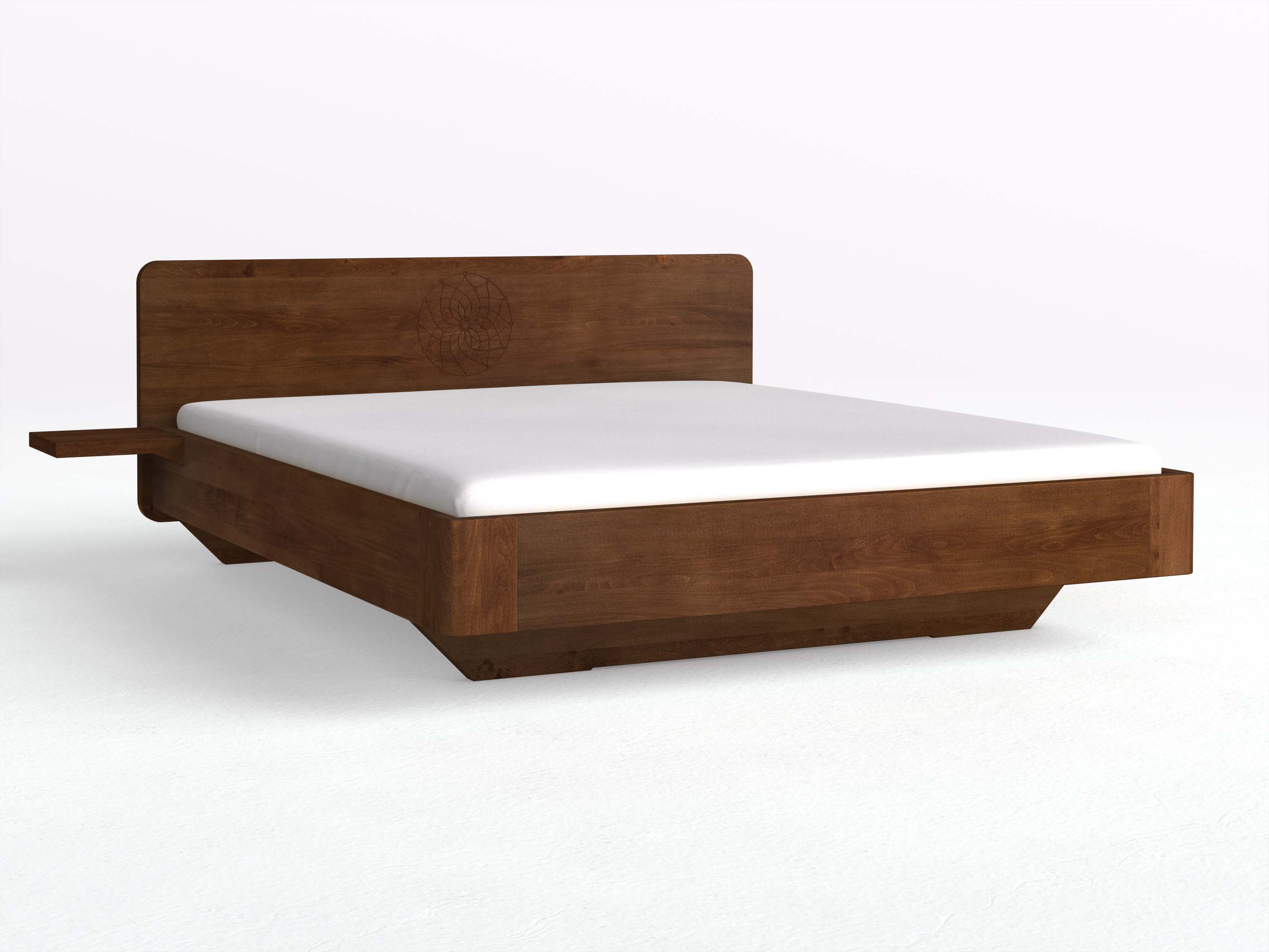 Buchenbett Dunkel „Clara“ mit 2 Ablagen und der Gravur „Traumfänger“